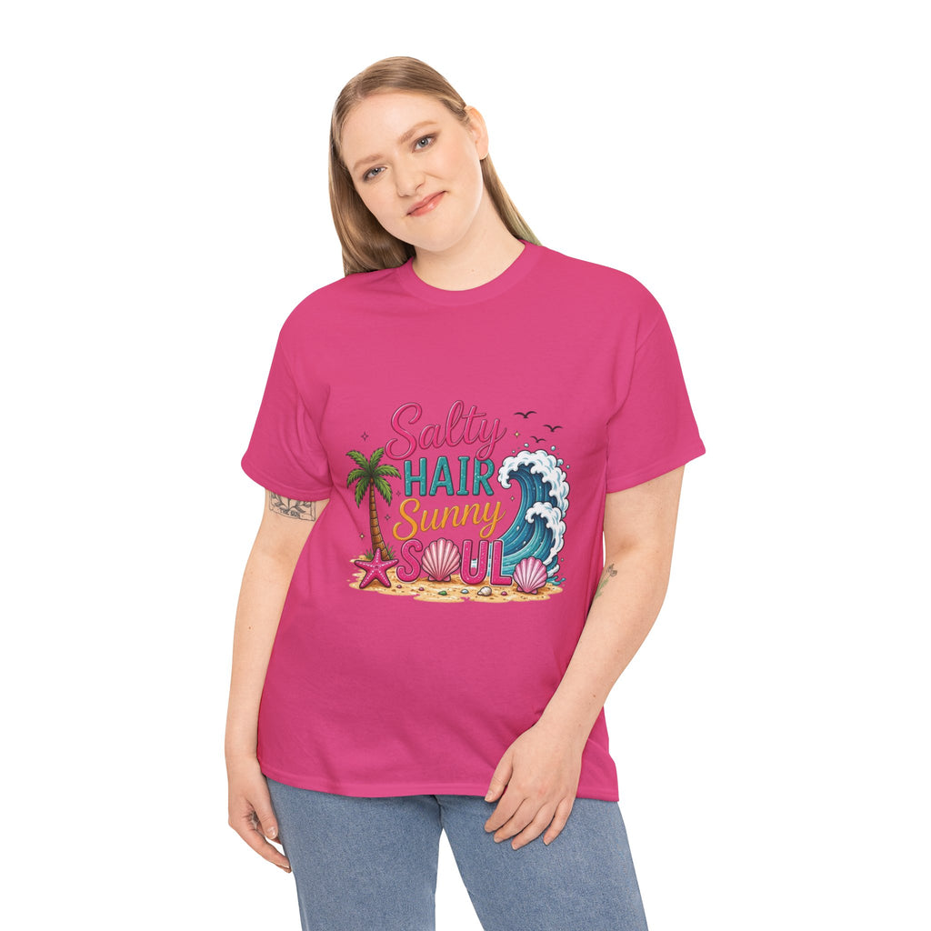 Salty Hair Sunny Soul T-Shirt | Beach Wave Palm Tree Design
