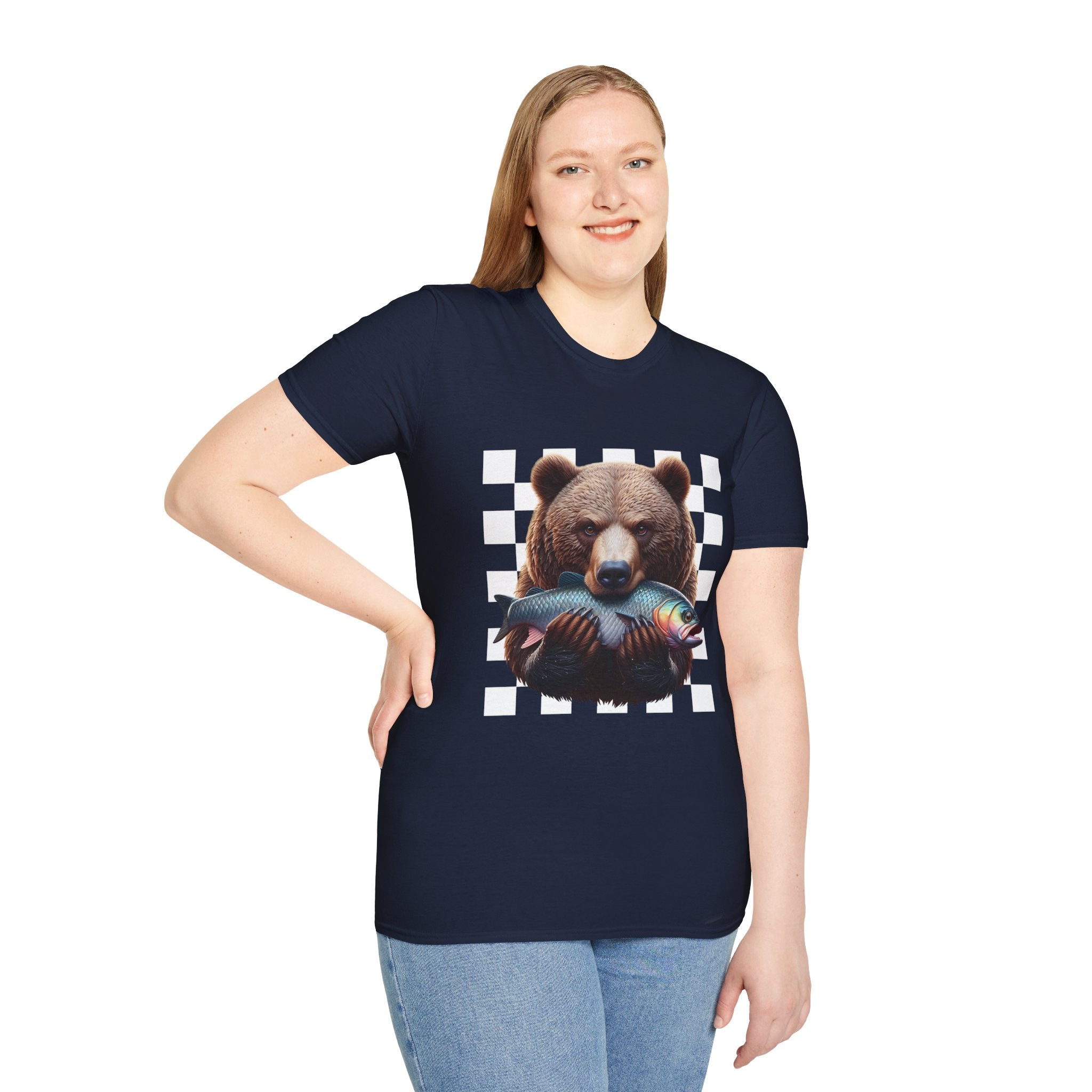 Bear Holding Fish Graphic T-Shirt — Retro Checkerboard Nature Tee