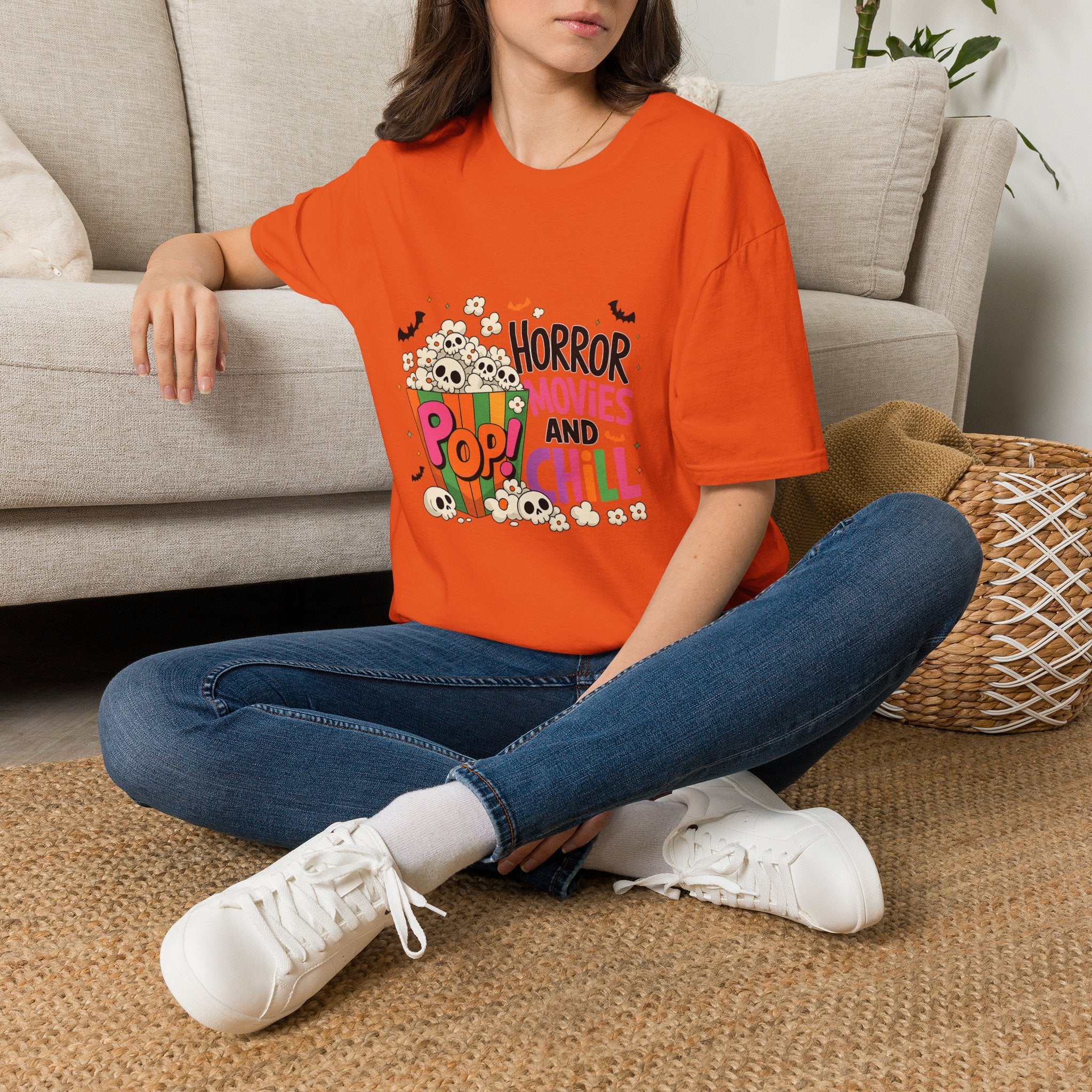 Horror Movies and Popcorn T-Shirt — Cute Spooky Movie Night Tee