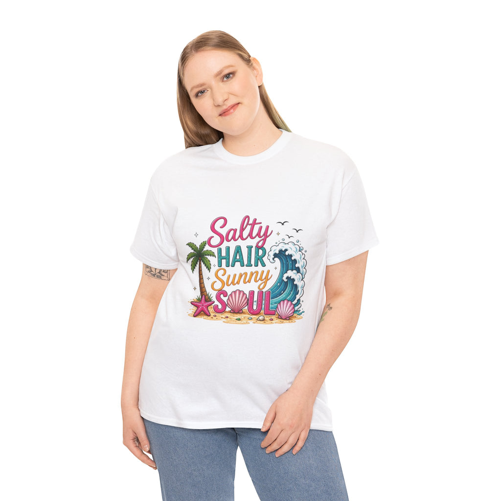 Salty Hair Sunny Soul T-Shirt | Beach Wave Palm Tree Design