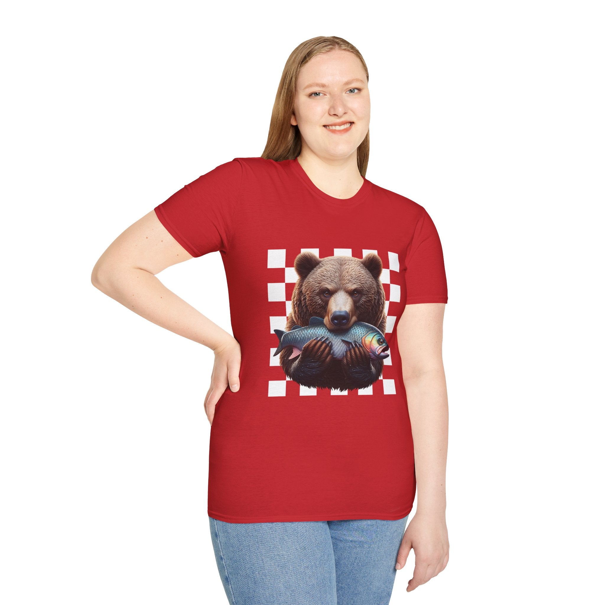 Bear Holding Fish Graphic T-Shirt — Retro Checkerboard Nature Tee