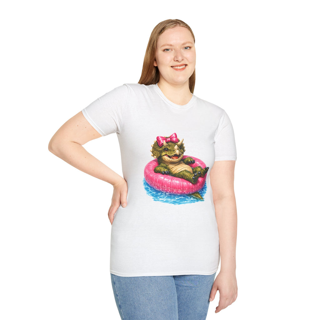 Baby Dino Float T-Shirt — Cute Dinosaur with Pink Bow Pool Tee
