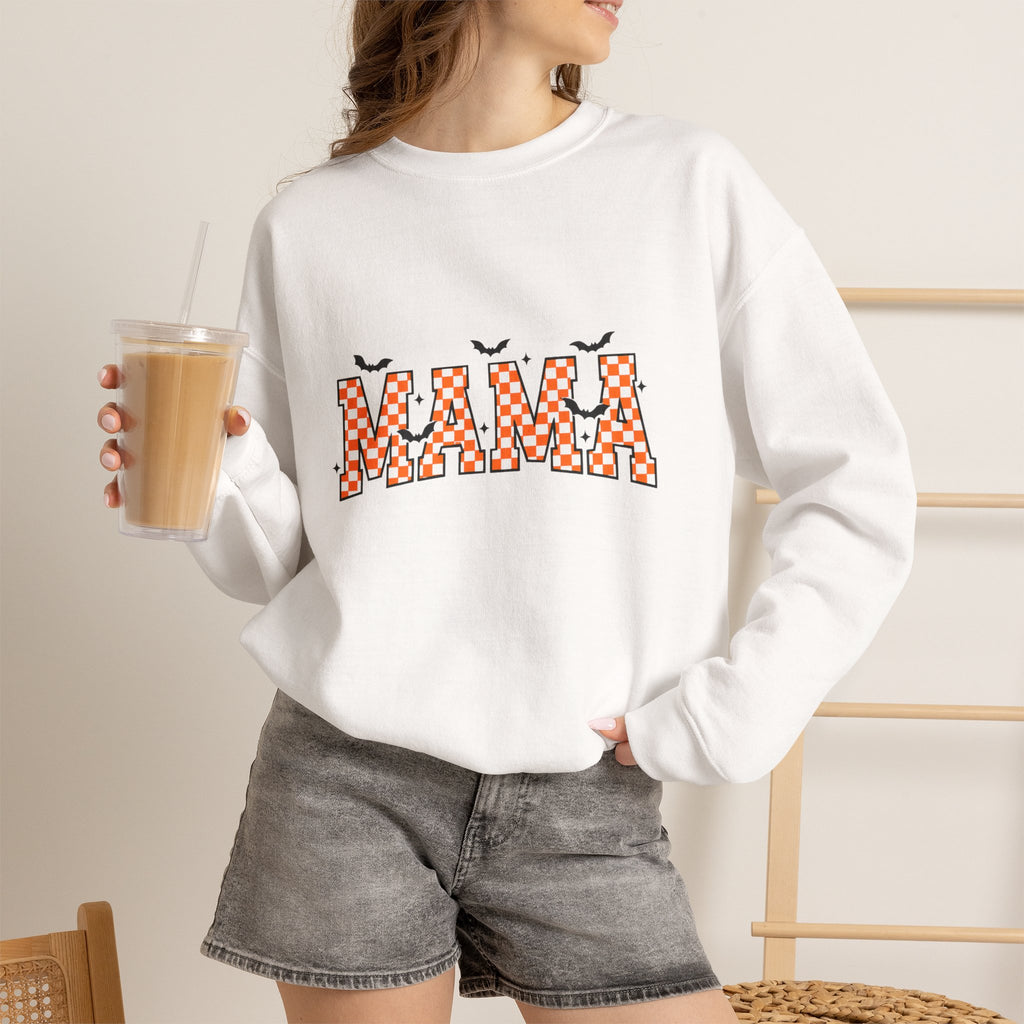 Mama Checkerboard Crewneck Sweatshirt — Retro Orange Plaid "MAMA" Graphic