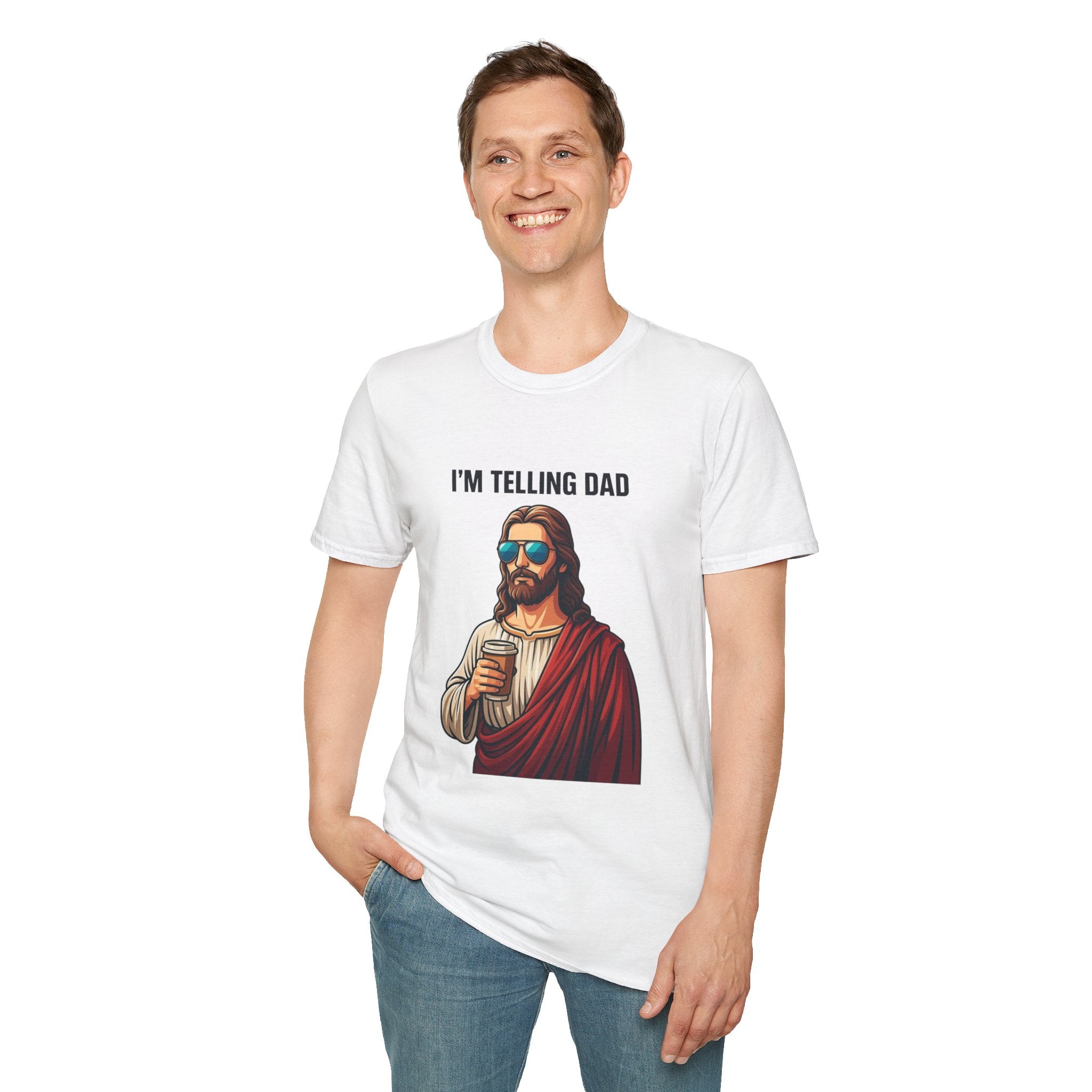 I’m Telling Dad T-Shirt — Funny Jesus Graphic Tee, Christian Humor Gift for Dad & Family Gatherings