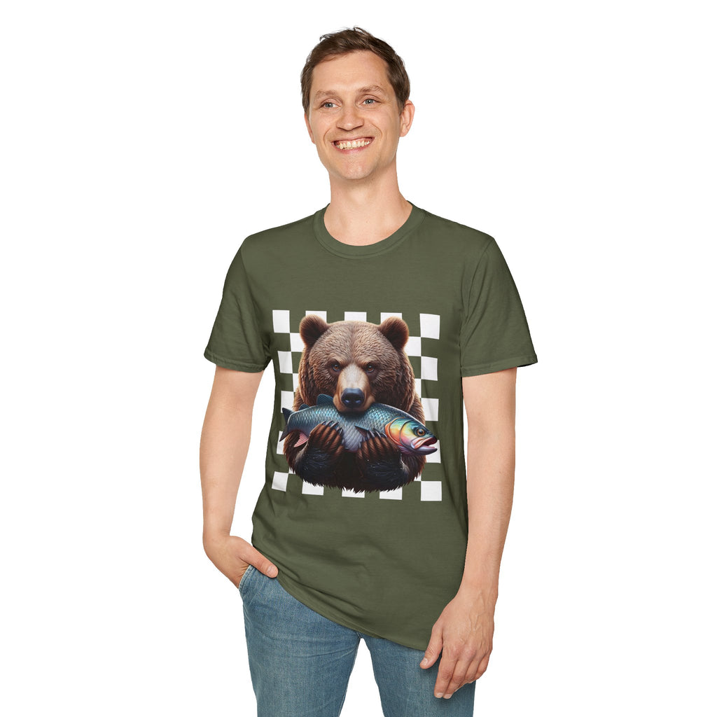 Bear Holding Fish Graphic T-Shirt — Retro Checkerboard Nature Tee