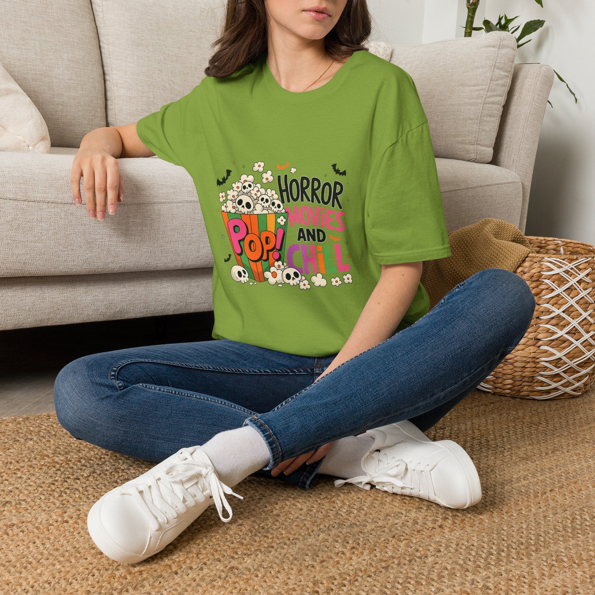 Horror Movies and Popcorn T-Shirt — Cute Spooky Movie Night Tee