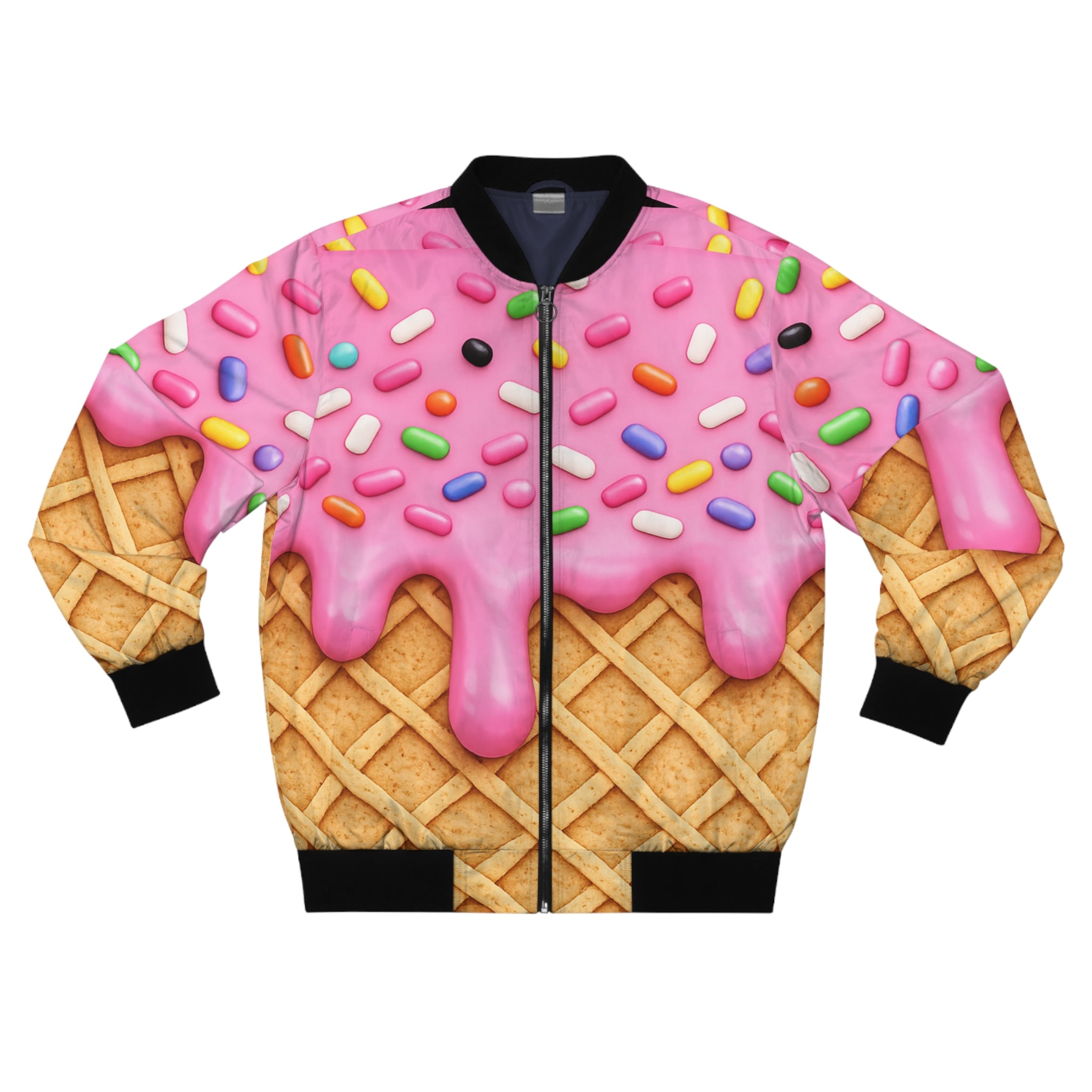 Ice Cream Cone Bomber Jacket — Pink Drip with Sprinkles AOP
