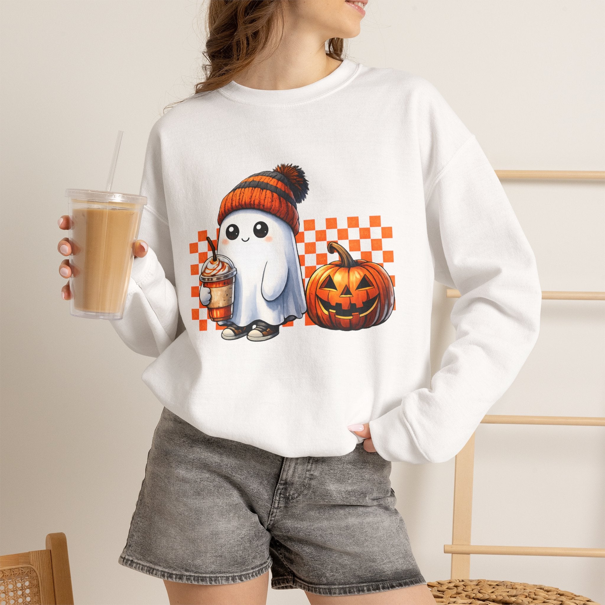 Ghost with Pumpkin Sweatshirt — Cute Halloween Crewneck