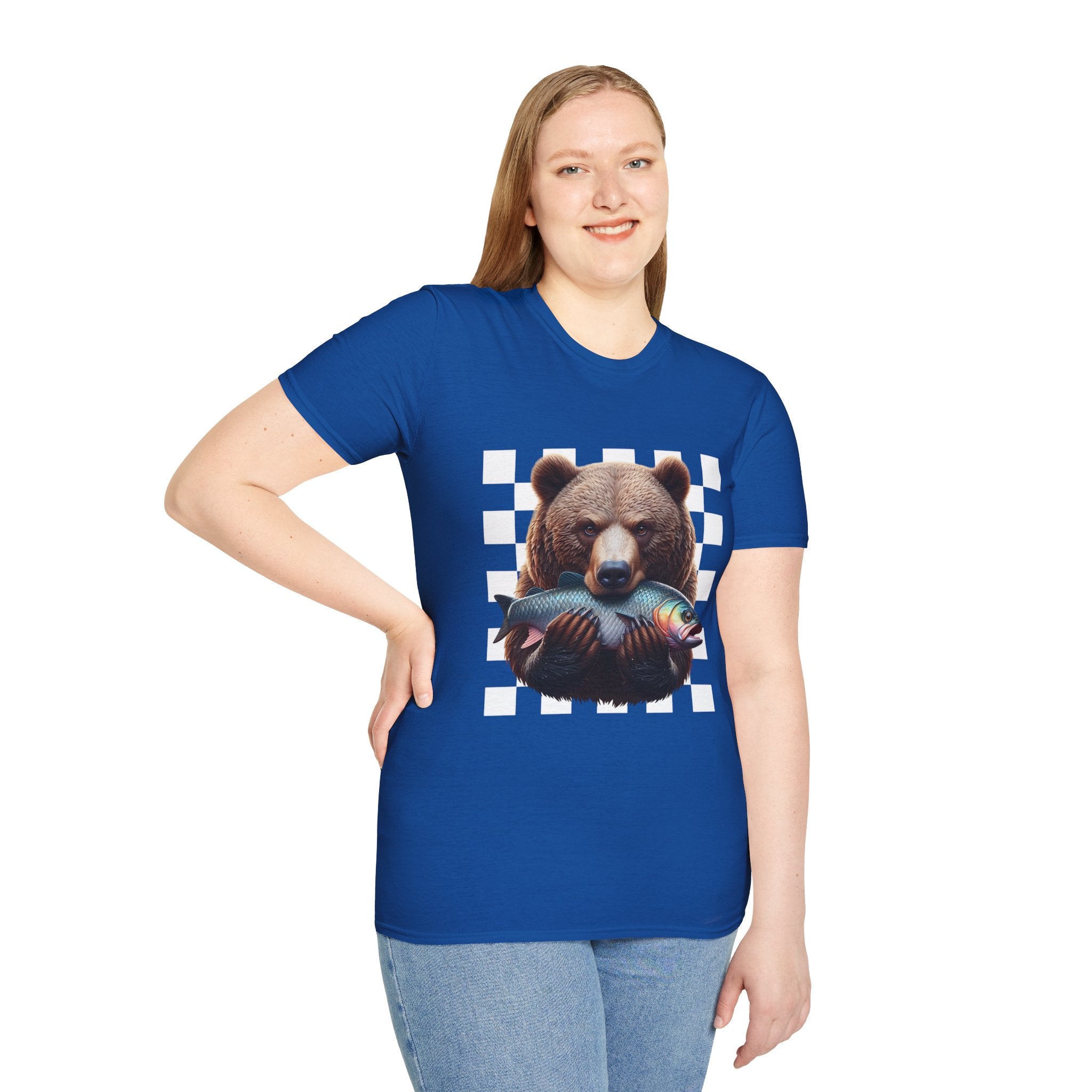 Bear Holding Fish Graphic T-Shirt — Retro Checkerboard Nature Tee