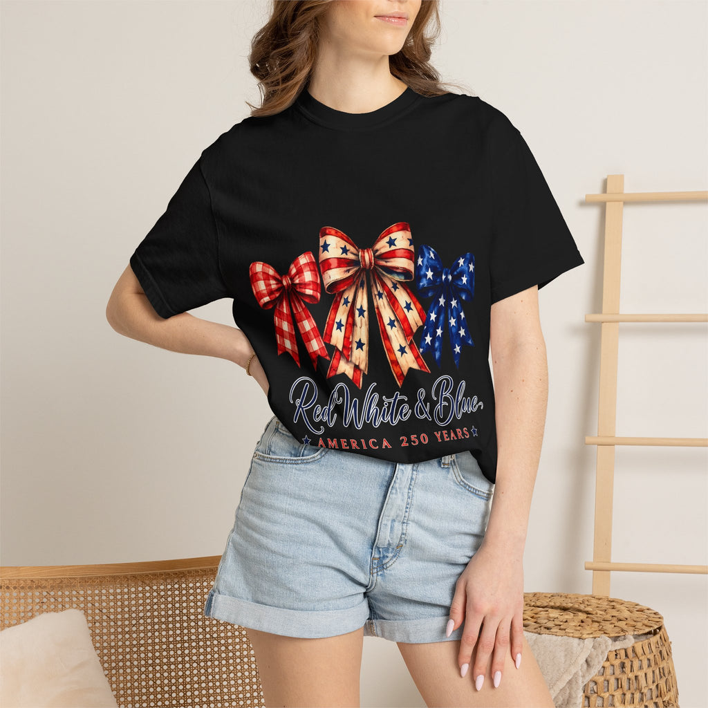 Patriotic Bow T-Shirt — "Red White & Blue: America 250 Years" 4th of July Tee