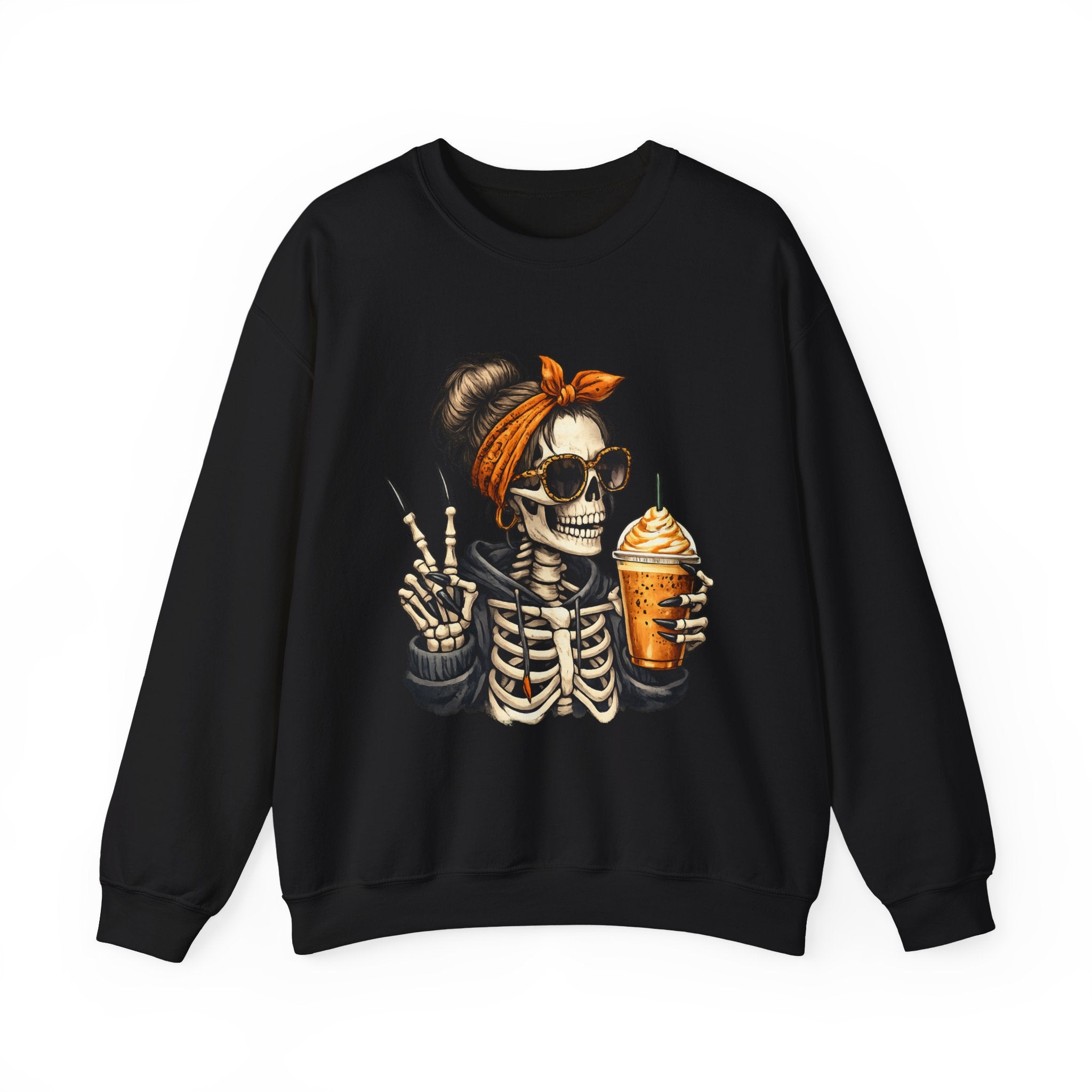 Crewneck Sweatshirt — Halloween Skeleton Girl Holding Pumpkin Spice Drink Graphic