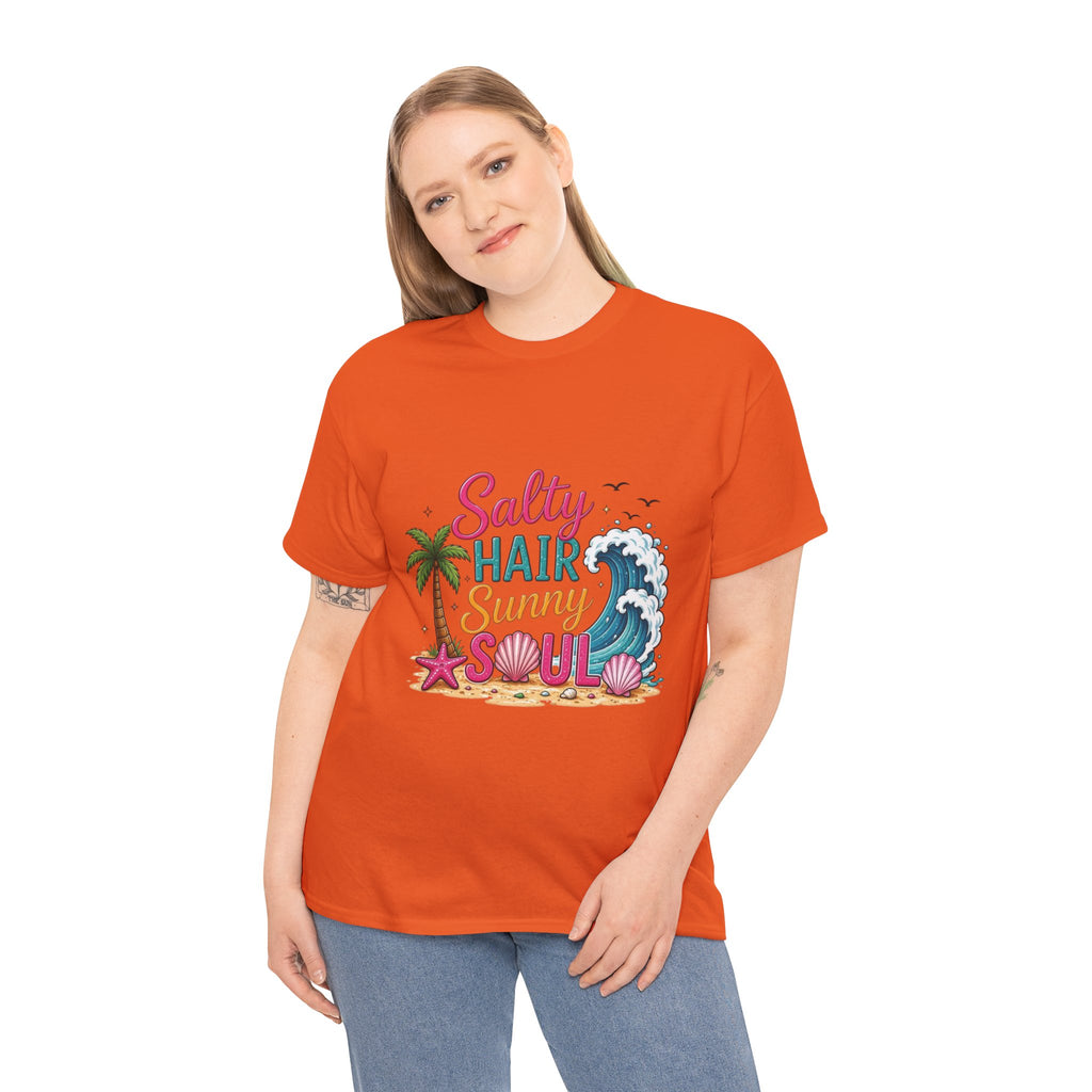 Salty Hair Sunny Soul T-Shirt | Beach Wave Palm Tree Design