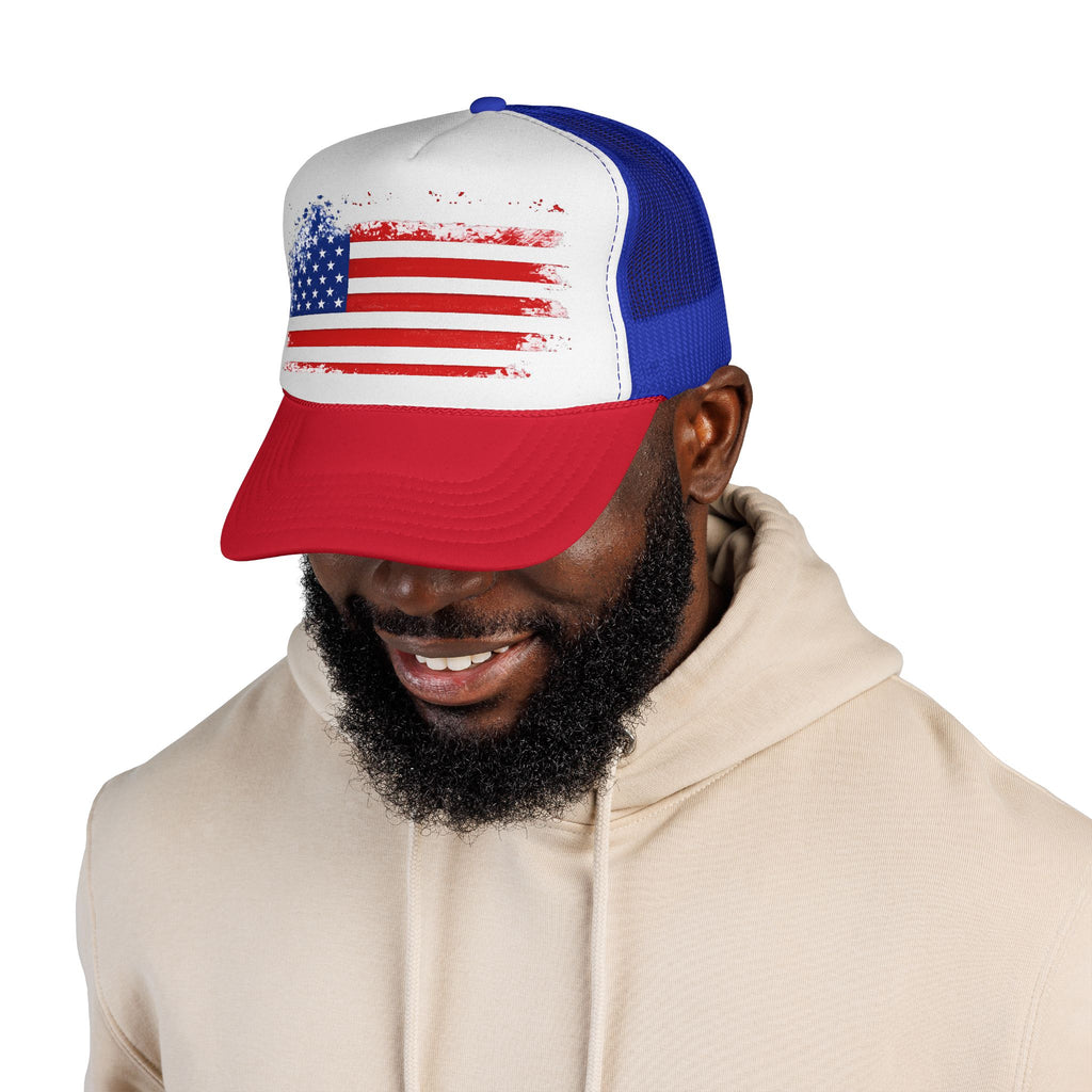 Patriotic Trucker Cap — Distressed American Flag Mesh Hat for 4th of July