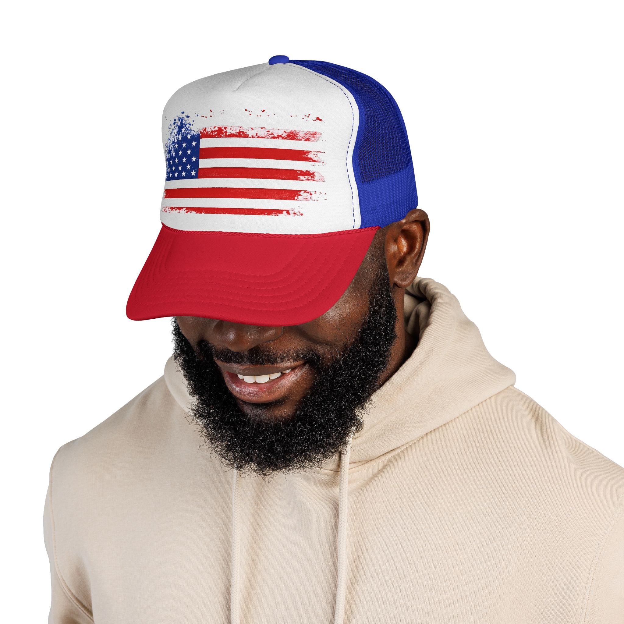 Patriotic Trucker Cap — Distressed American Flag Mesh Hat for 4th of July