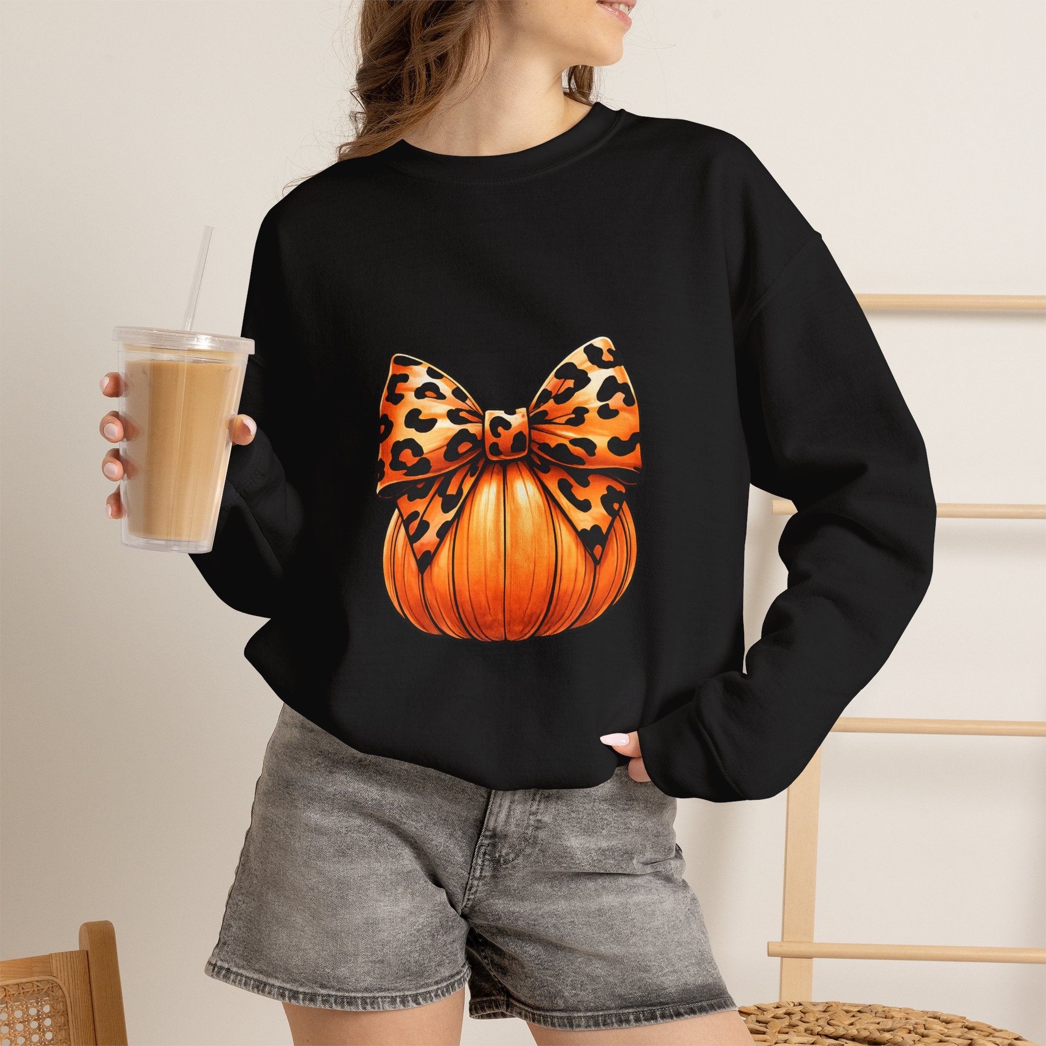 Leopard Bow Pumpkin Sweatshirt – Cute Halloween Fall Crewneck