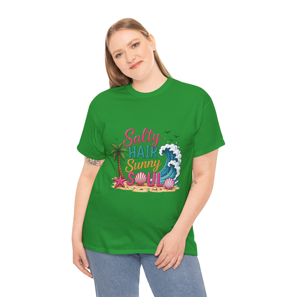 Salty Hair Sunny Soul T-Shirt | Beach Wave Palm Tree Design
