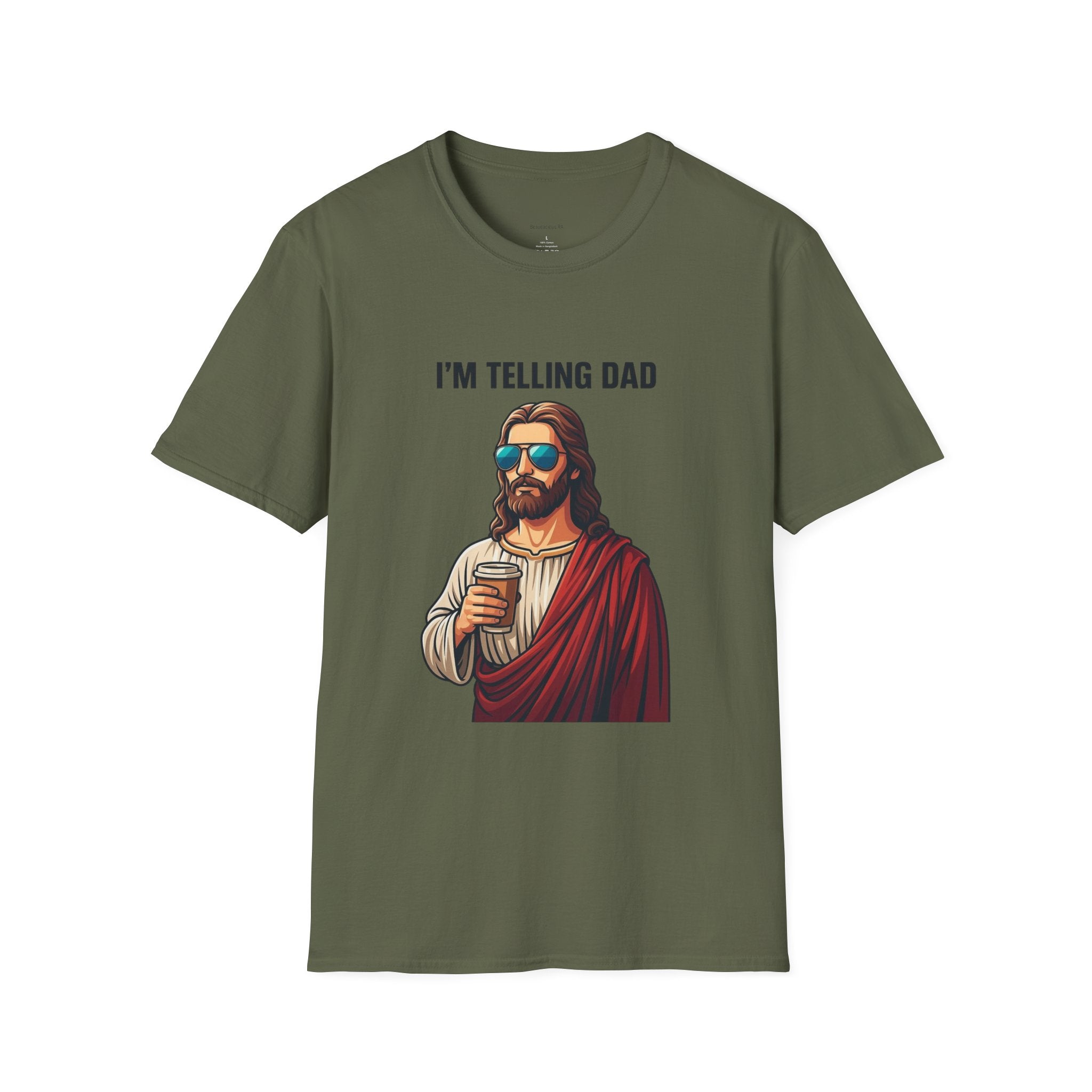 I’m Telling Dad T-Shirt — Funny Jesus Graphic Tee, Christian Humor Gift for Dad & Family Gatherings