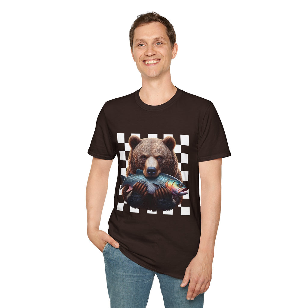 Bear Holding Fish Graphic T-Shirt — Retro Checkerboard Nature Tee