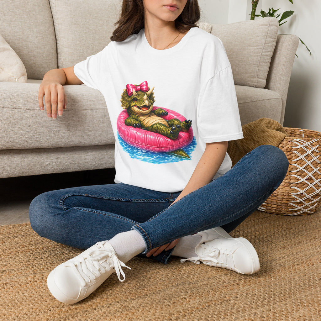Baby Dino Float T-Shirt — Cute Dinosaur with Pink Bow Pool Tee