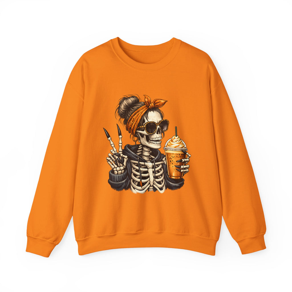 Crewneck Sweatshirt — Halloween Skeleton Girl Holding Pumpkin Spice Drink Graphic