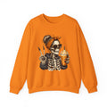 Crewneck Sweatshirt — Halloween Skeleton Girl Holding Pumpkin Spice Drink Graphic