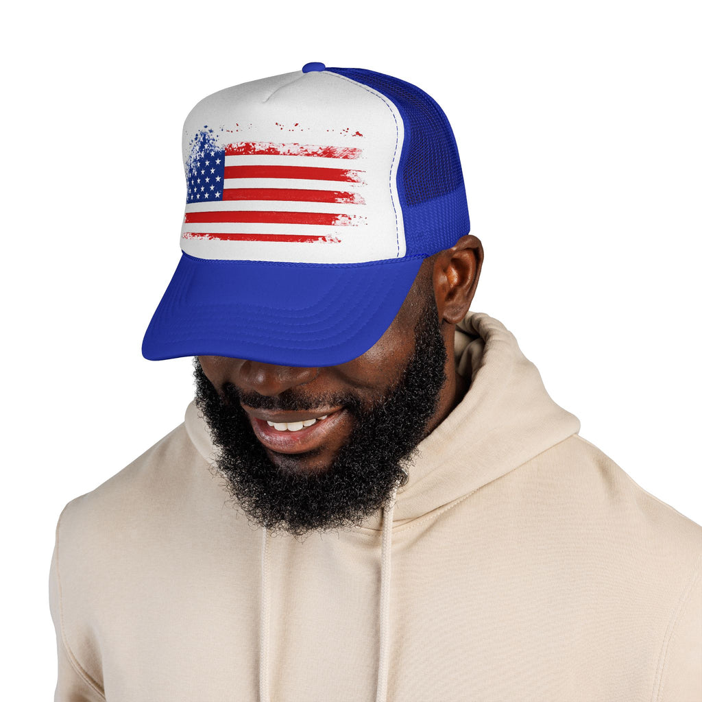 Patriotic Trucker Cap — Distressed American Flag Mesh Hat for 4th of July