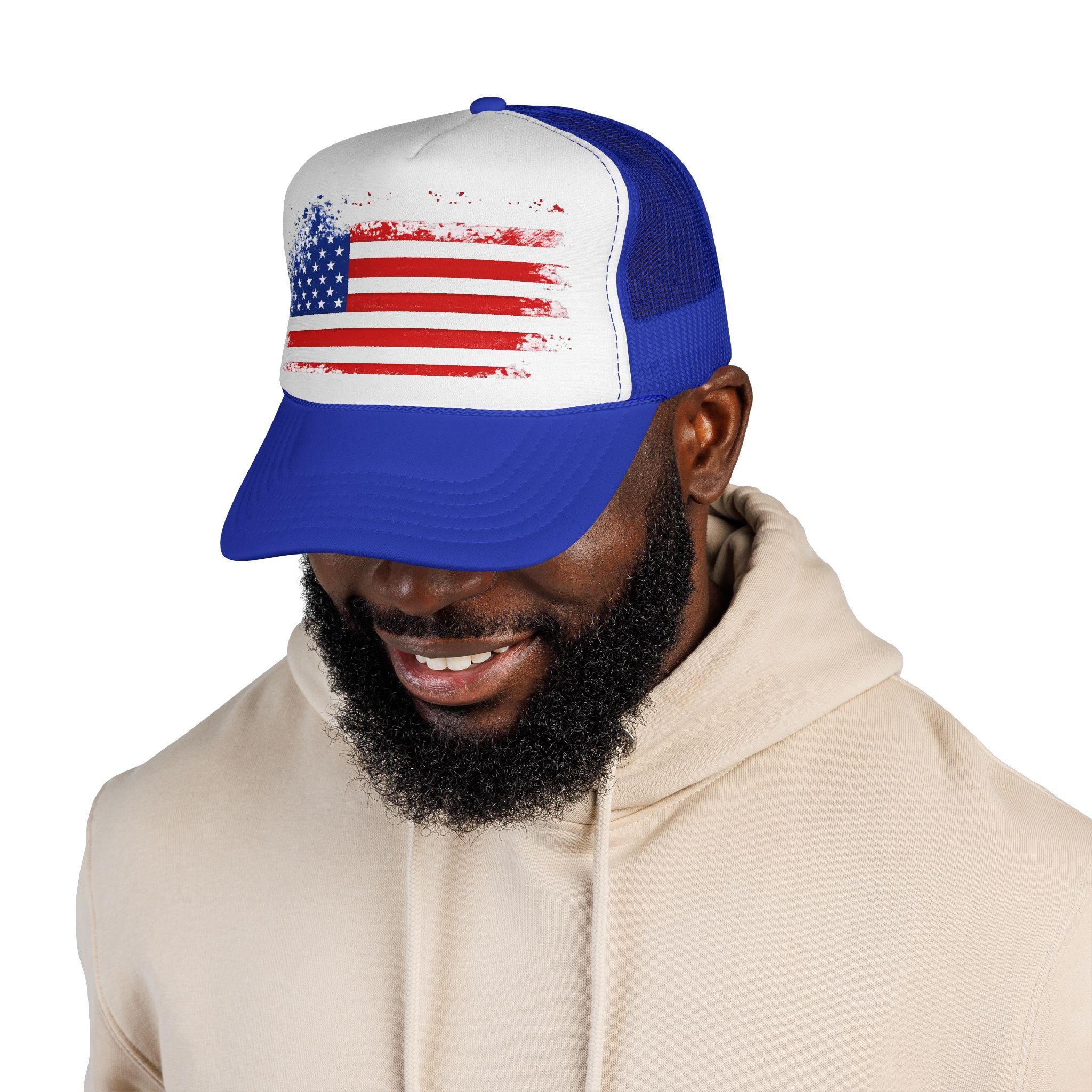 Patriotic Trucker Cap — Distressed American Flag Mesh Hat for 4th of July