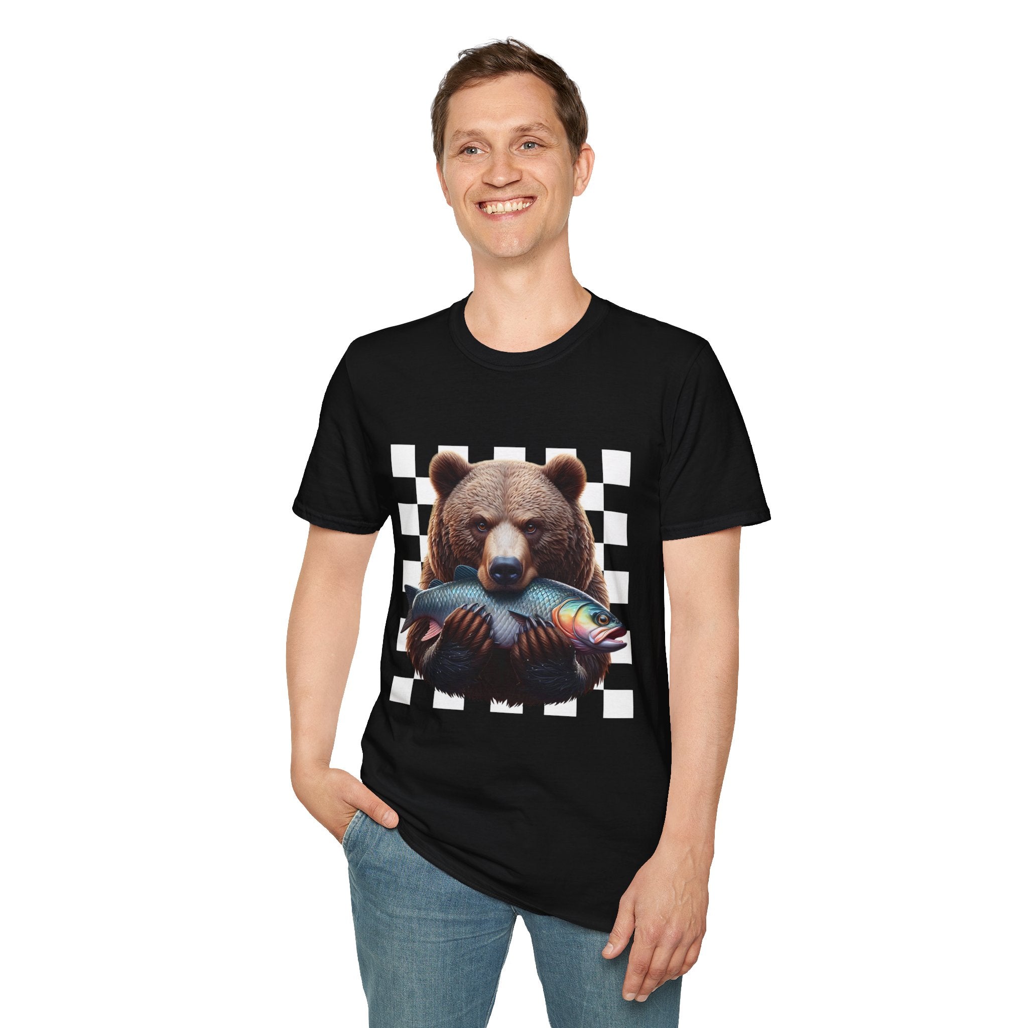 Bear Holding Fish Graphic T-Shirt — Retro Checkerboard Nature Tee