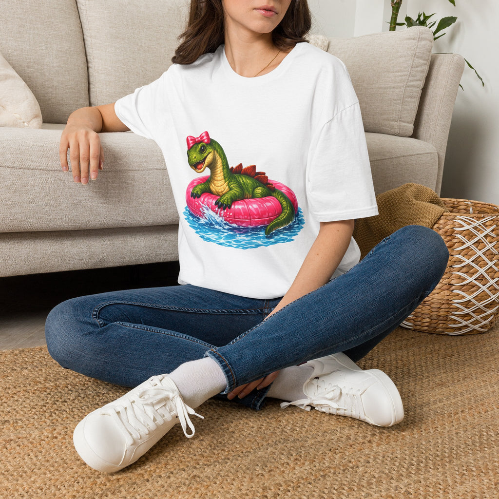 Cute Dinosaur Tee — Green Dino in Pink Pool Float Graphic T-Shirt