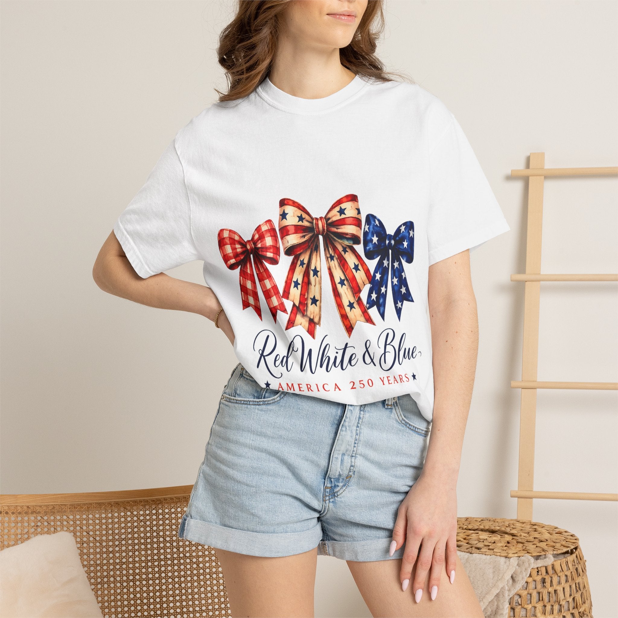 Patriotic Bow T-Shirt — "Red White & Blue: America 250 Years" 4th of July Tee