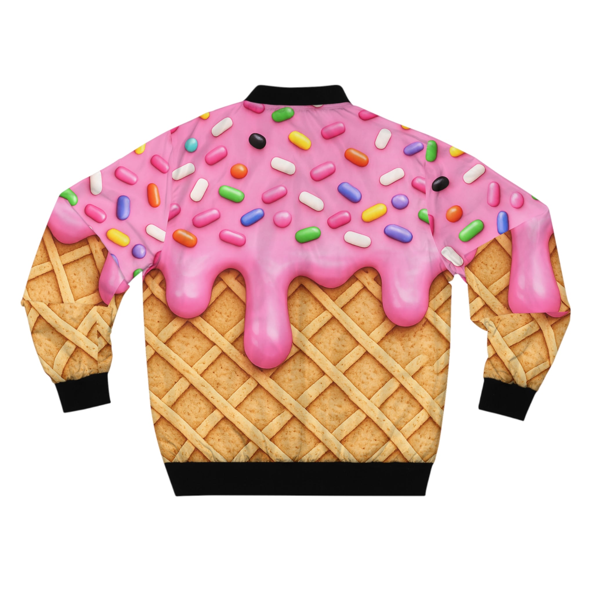 Ice Cream Cone Bomber Jacket — Pink Drip with Sprinkles AOP