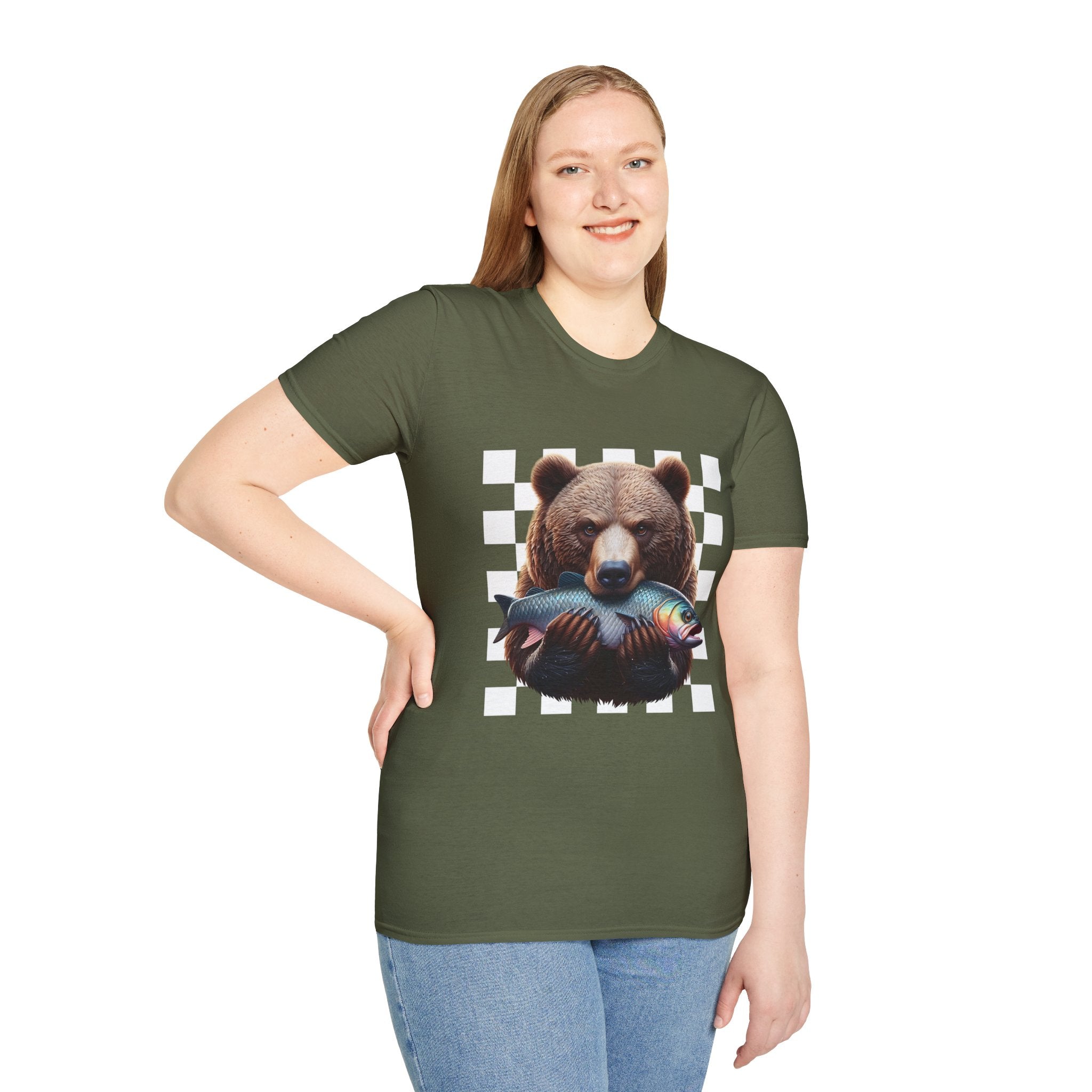 Bear Holding Fish Graphic T-Shirt — Retro Checkerboard Nature Tee