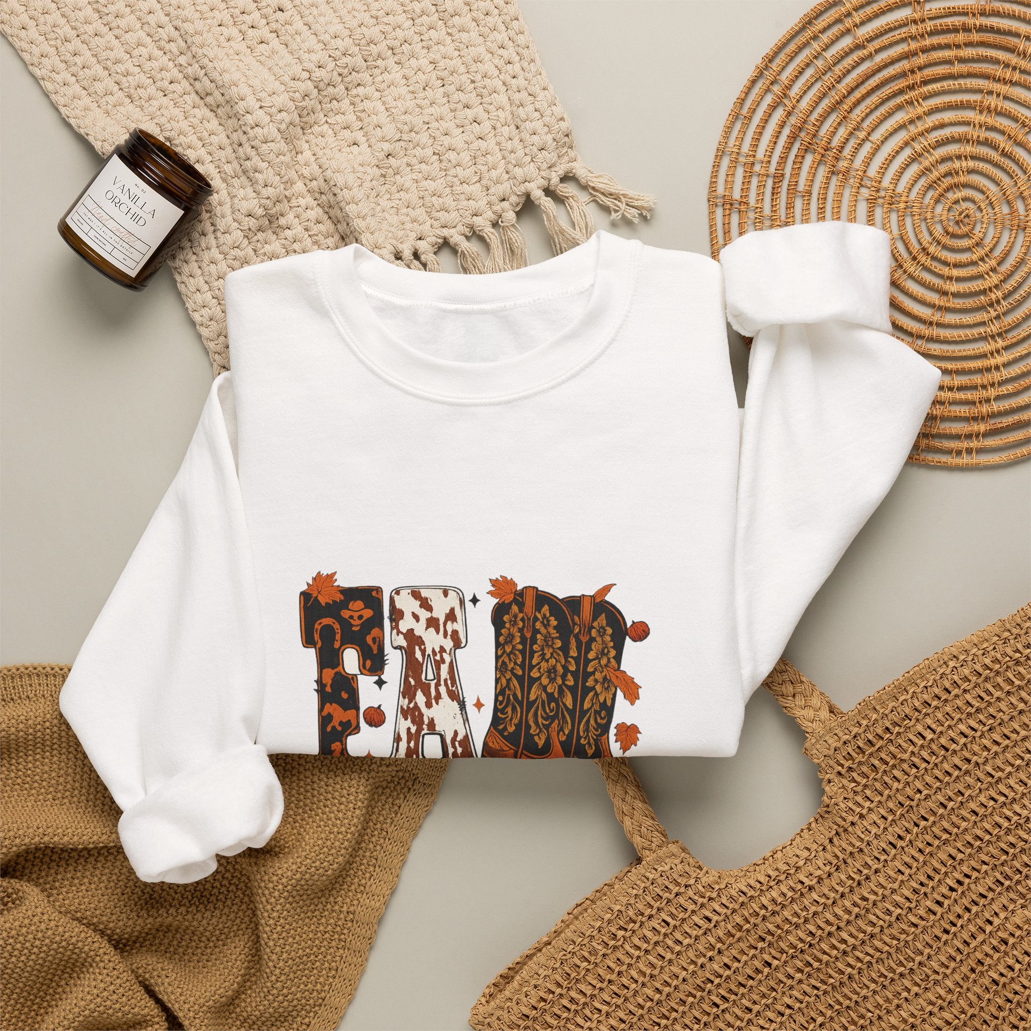 Crewneck Sweatshirt - Rustic Fall Cowboy Boots Graphic