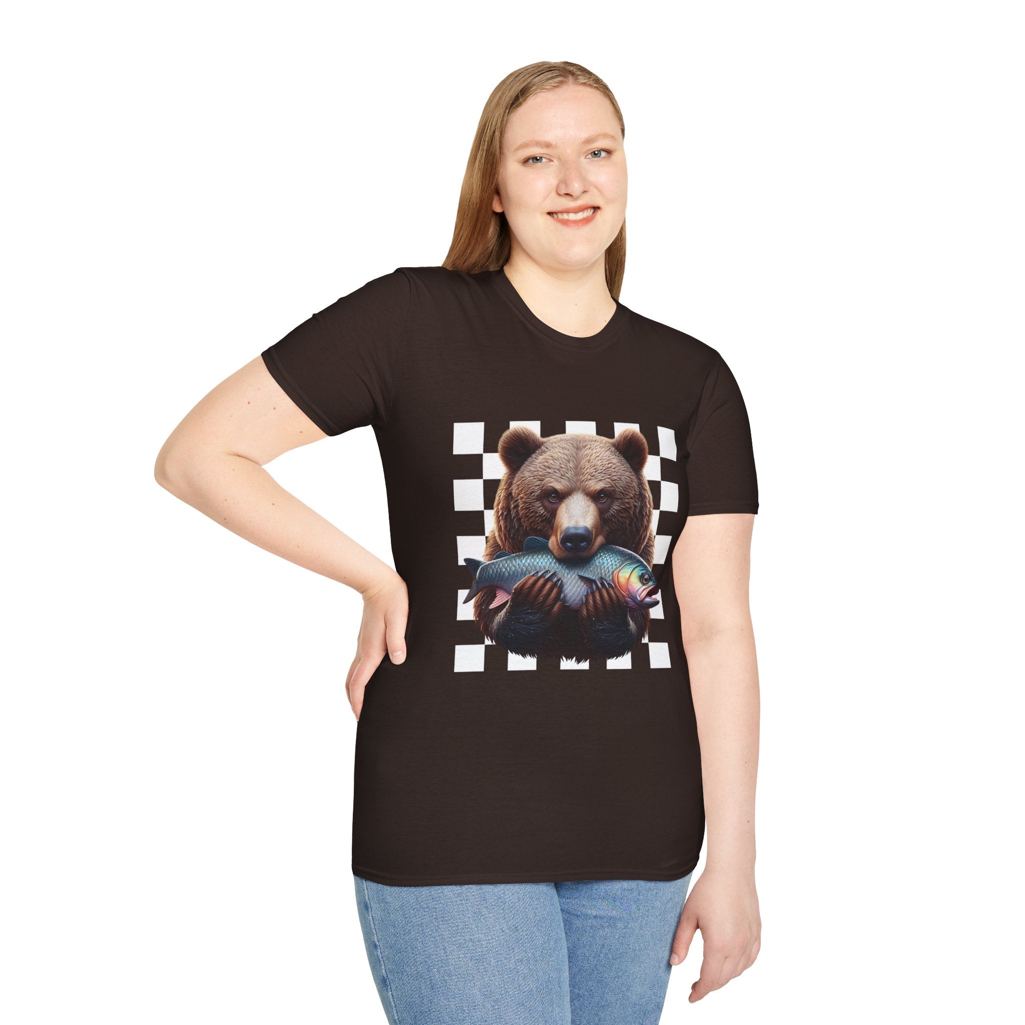 Bear Holding Fish Graphic T-Shirt — Retro Checkerboard Nature Tee