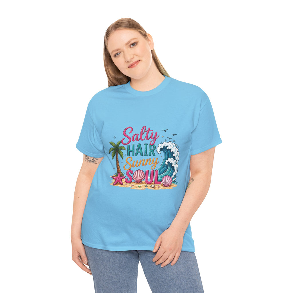 Salty Hair Sunny Soul T-Shirt | Beach Wave Palm Tree Design