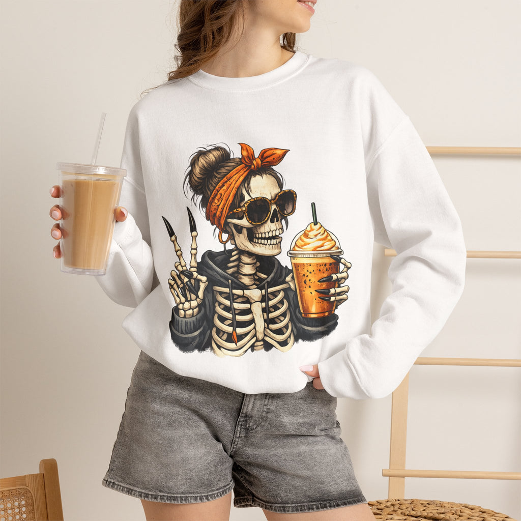 Crewneck Sweatshirt — Halloween Skeleton Girl Holding Pumpkin Spice Drink Graphic