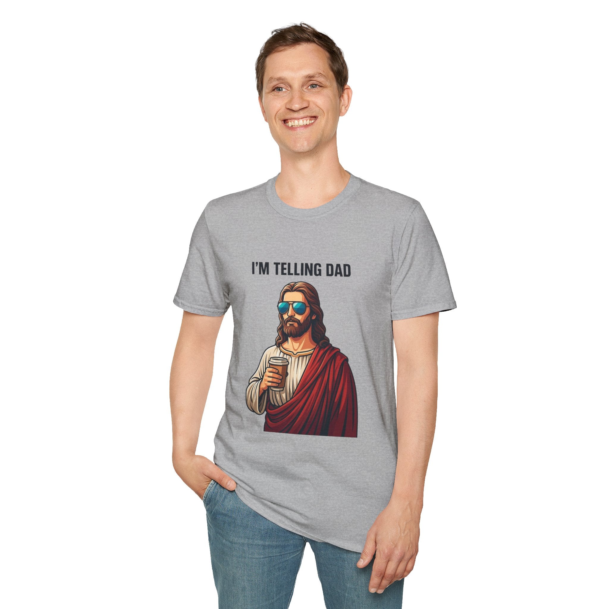 I’m Telling Dad T-Shirt — Funny Jesus Graphic Tee, Christian Humor Gift for Dad & Family Gatherings