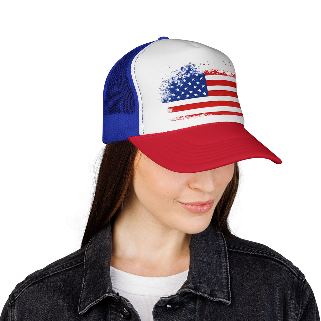 Patriotic Trucker Cap — Distressed American Flag Mesh Hat for 4th of July