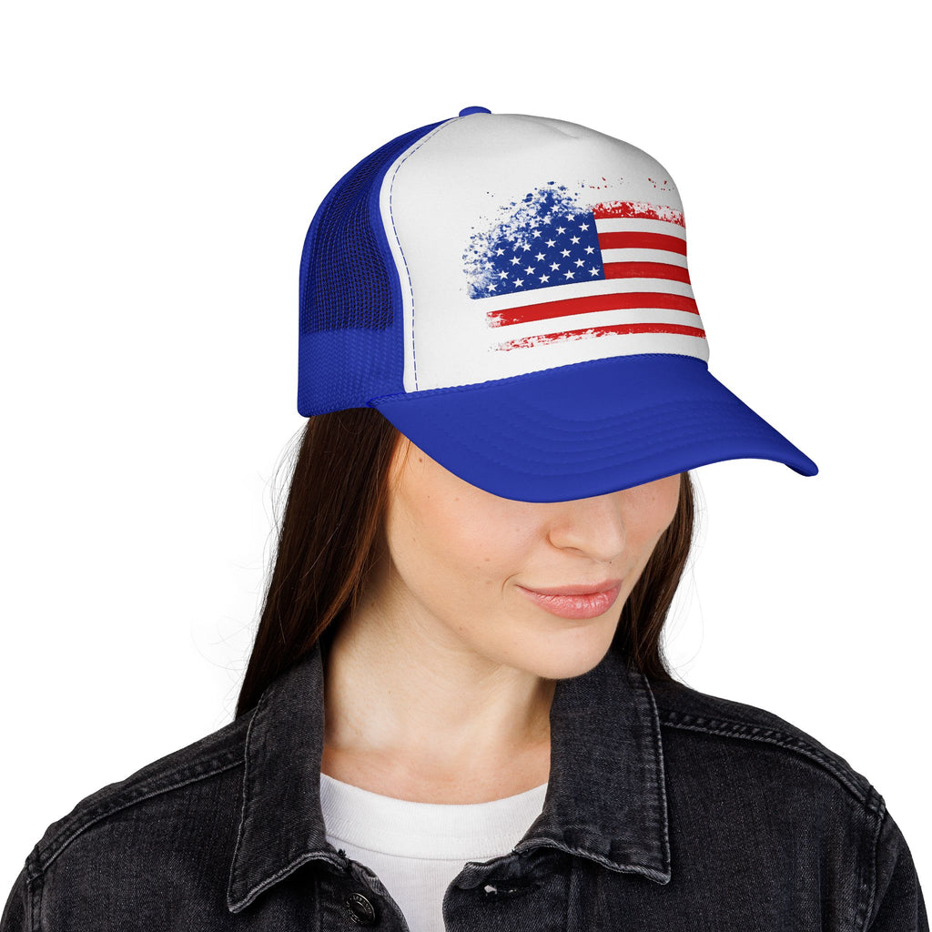 Patriotic Trucker Cap — Distressed American Flag Mesh Hat for 4th of July