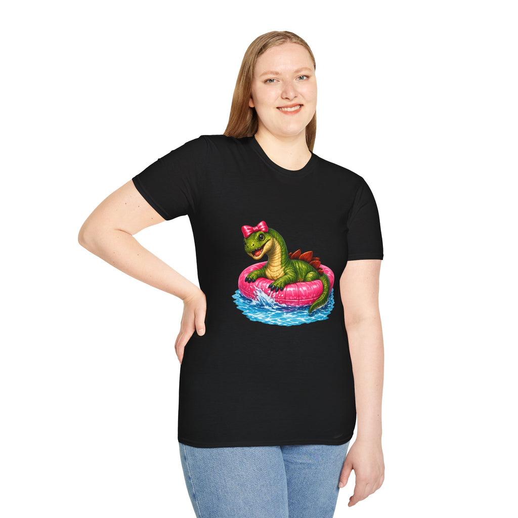 Cute Dinosaur Tee — Green Dino in Pink Pool Float Graphic T-Shirt