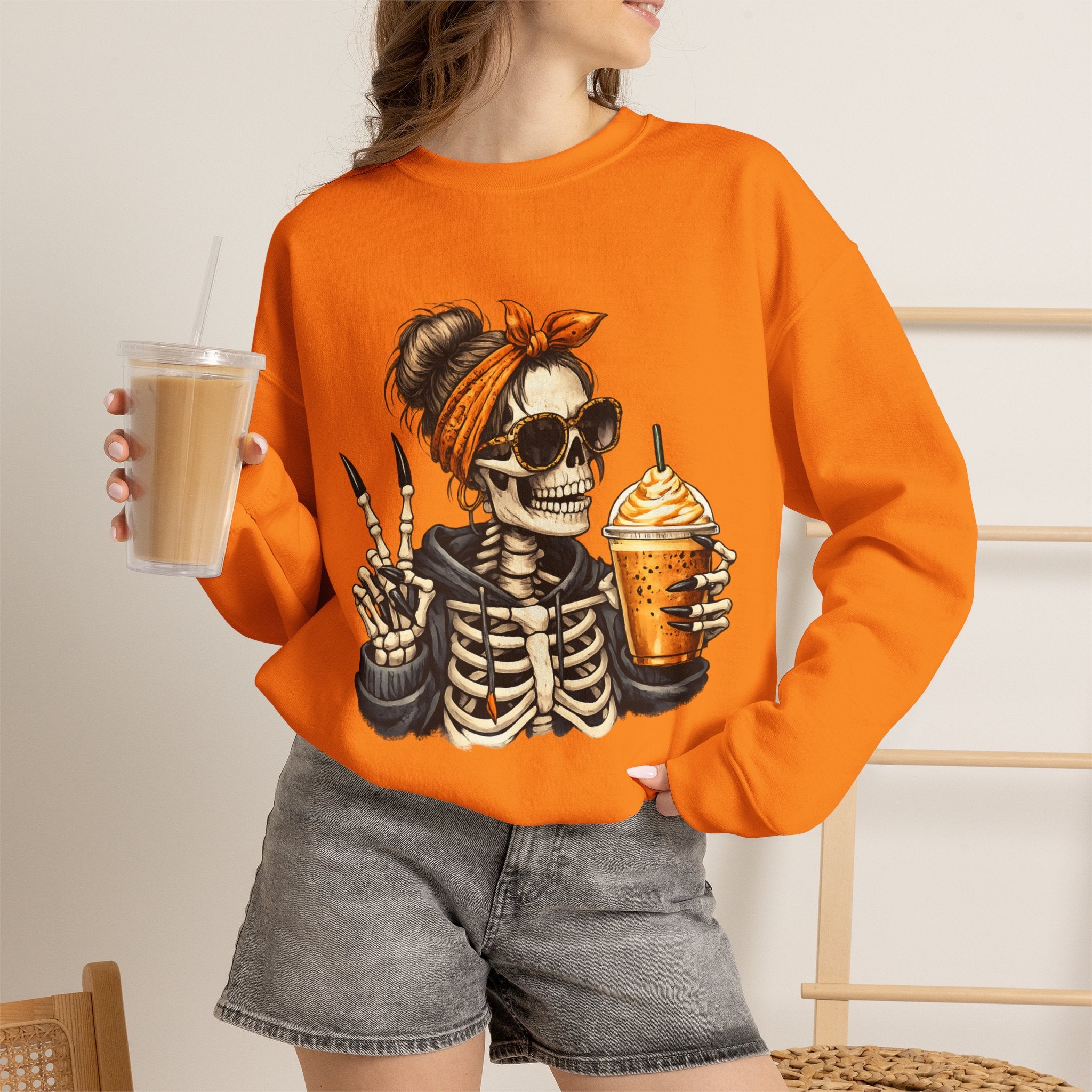 Crewneck Sweatshirt — Halloween Skeleton Girl Holding Pumpkin Spice Drink Graphic