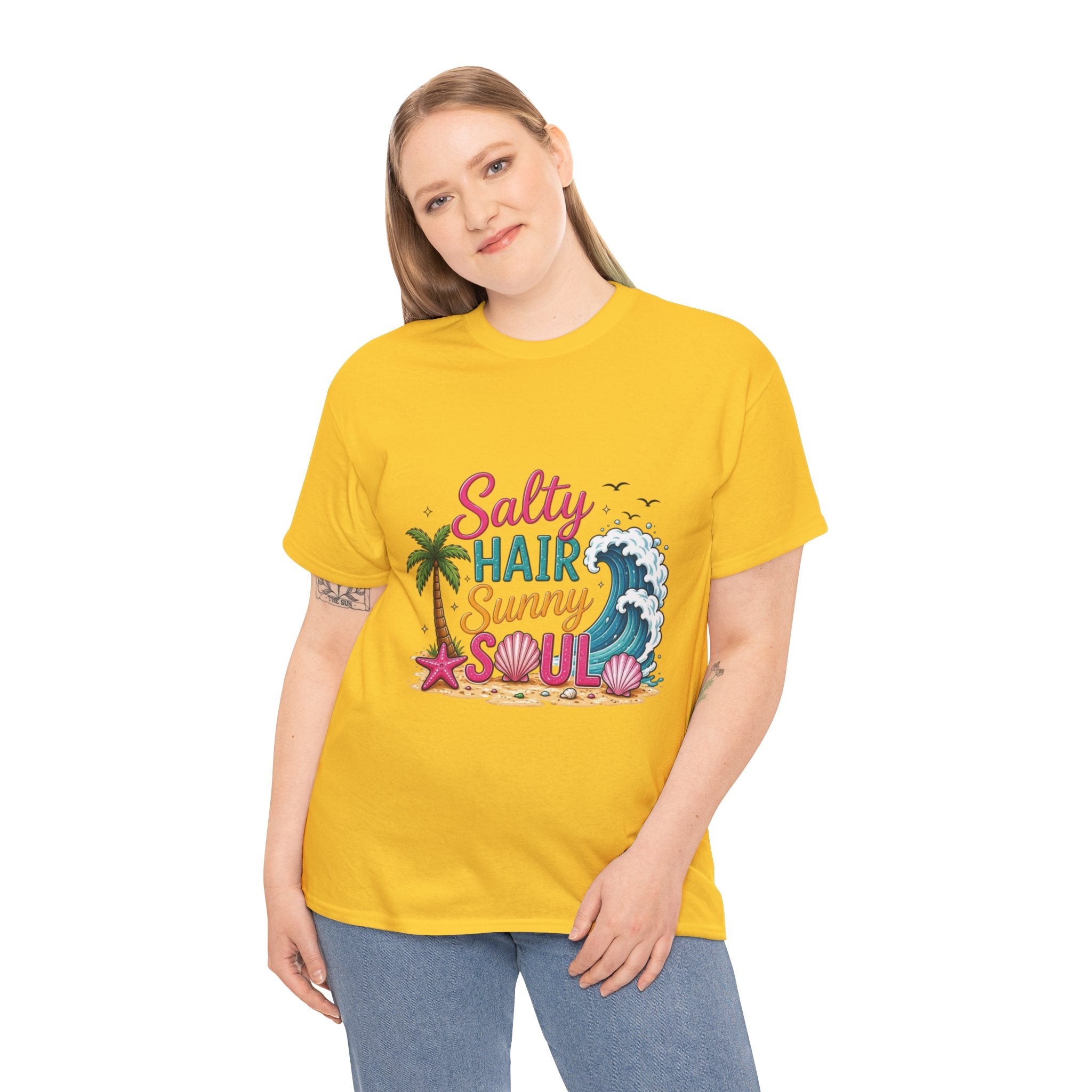 Salty Hair Sunny Soul T-Shirt | Beach Wave Palm Tree Design