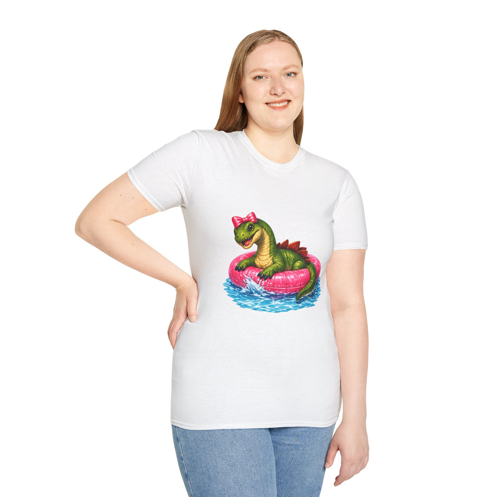 Cute Dinosaur Tee — Green Dino in Pink Pool Float Graphic T-Shirt