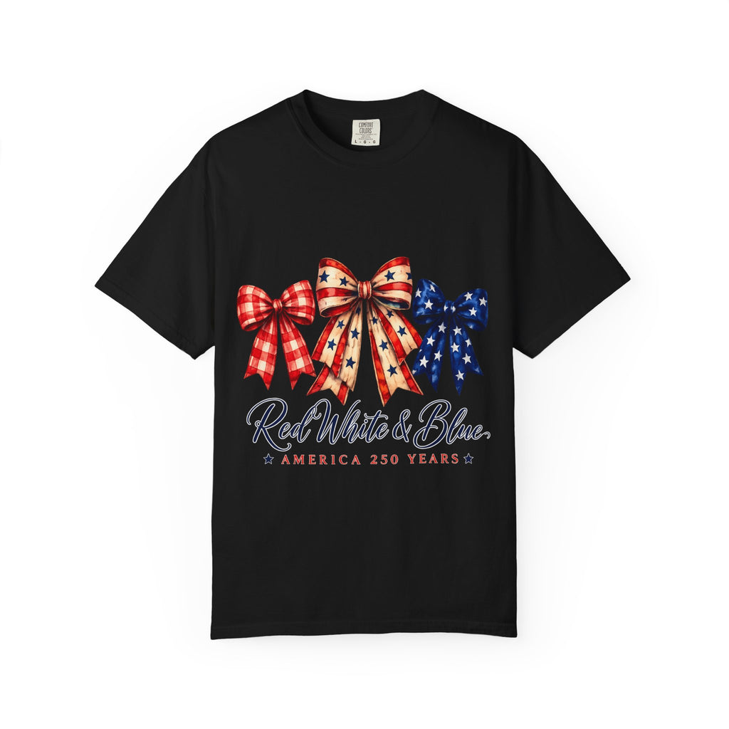 Patriotic Bow T-Shirt — "Red White & Blue: America 250 Years" 4th of July Tee