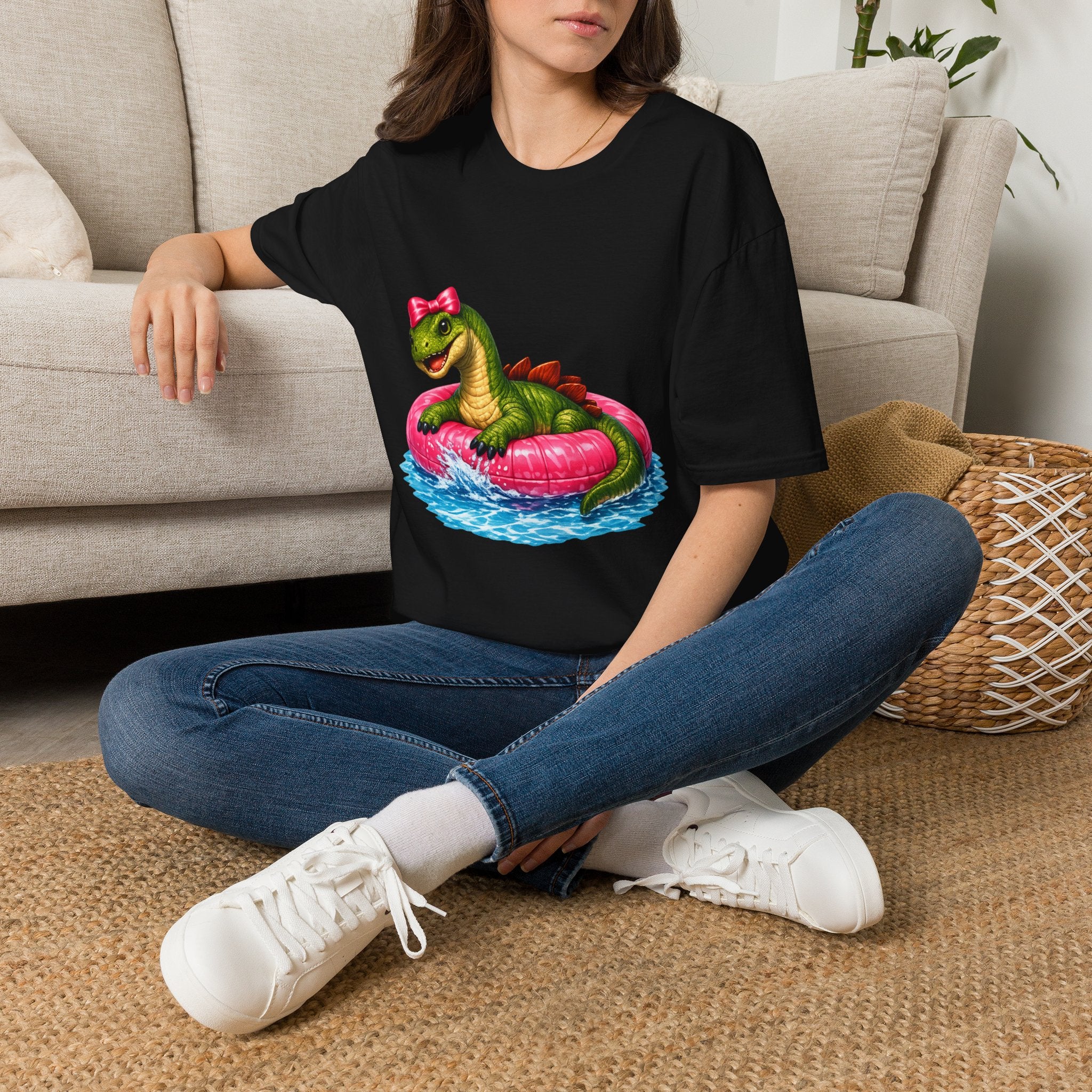 Cute Dinosaur Tee — Green Dino in Pink Pool Float Graphic T-Shirt