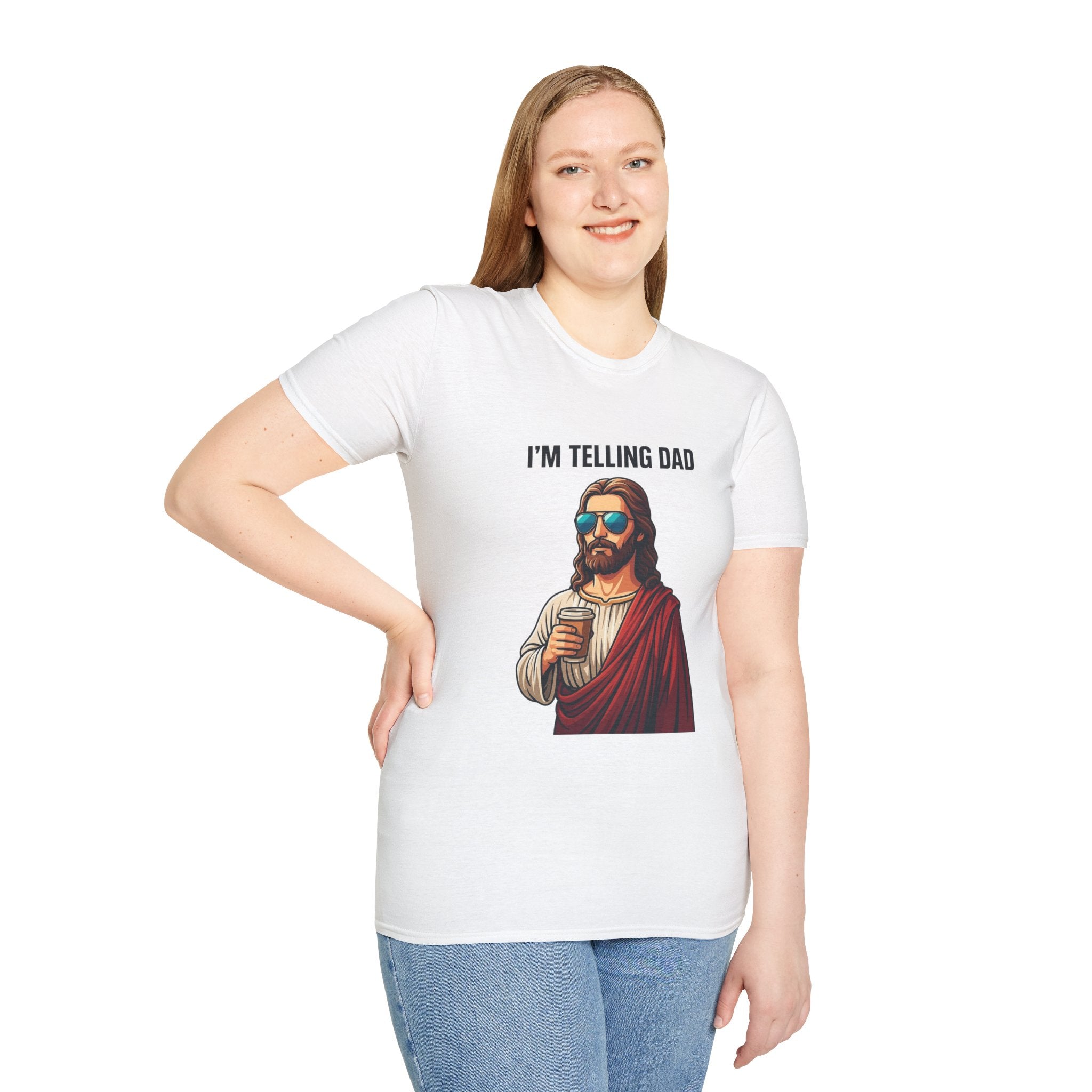 I’m Telling Dad T-Shirt — Funny Jesus Graphic Tee, Christian Humor Gift for Dad & Family Gatherings