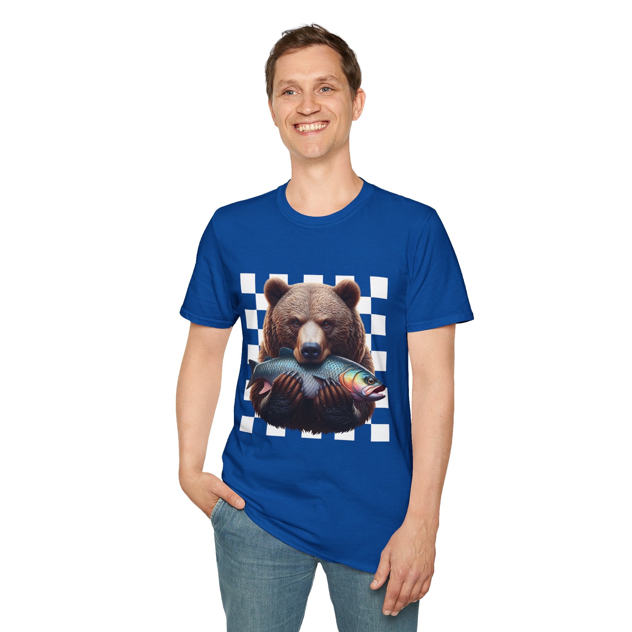 Bear Holding Fish Graphic T-Shirt — Retro Checkerboard Nature Tee