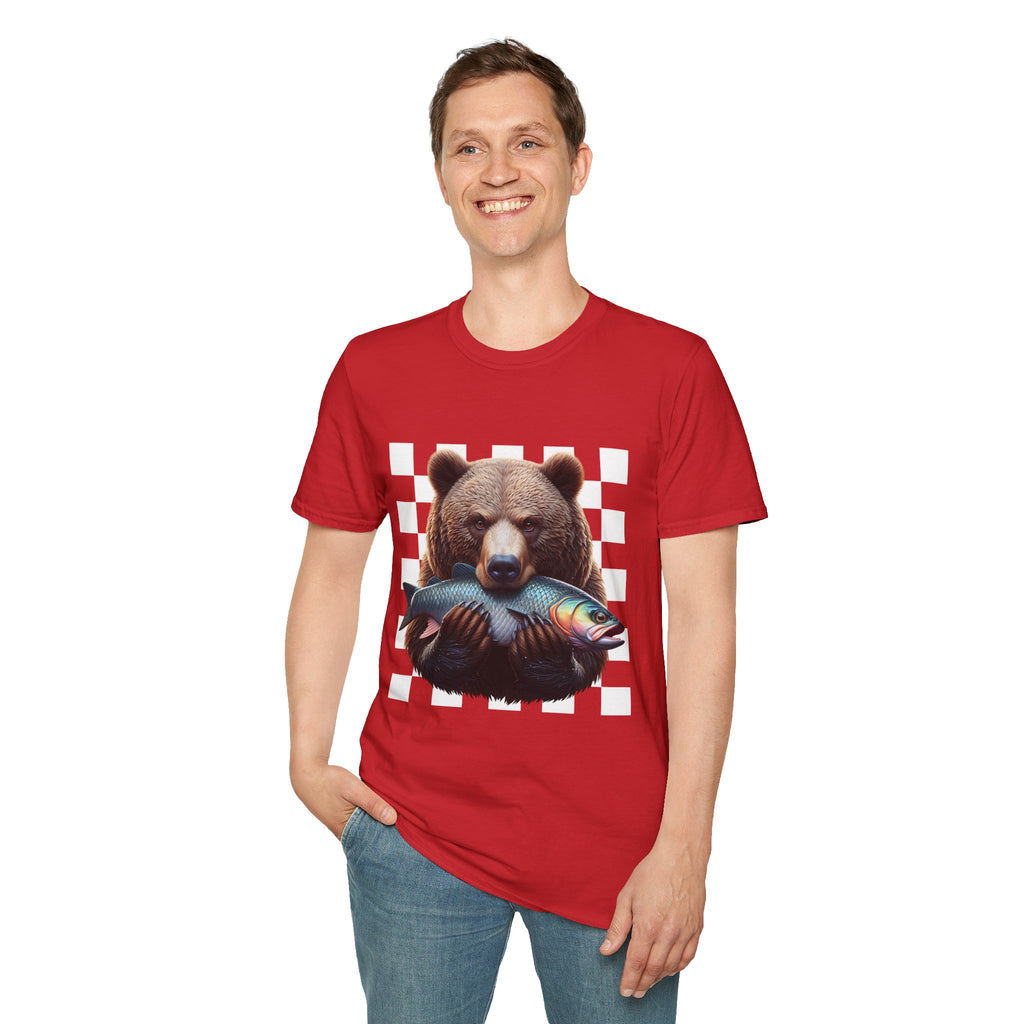 Bear Holding Fish Graphic T-Shirt — Retro Checkerboard Nature Tee