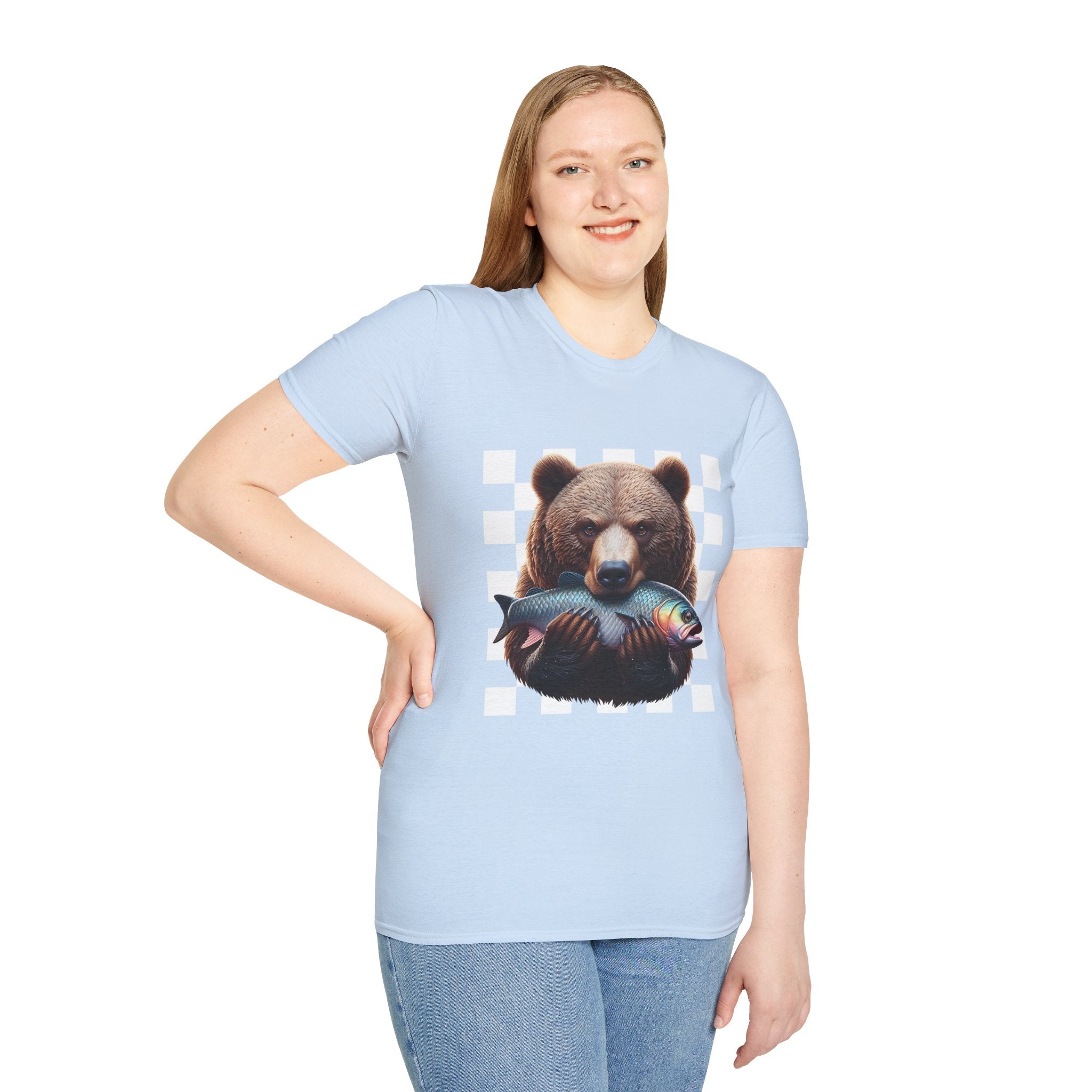 Bear Holding Fish Graphic T-Shirt — Retro Checkerboard Nature Tee