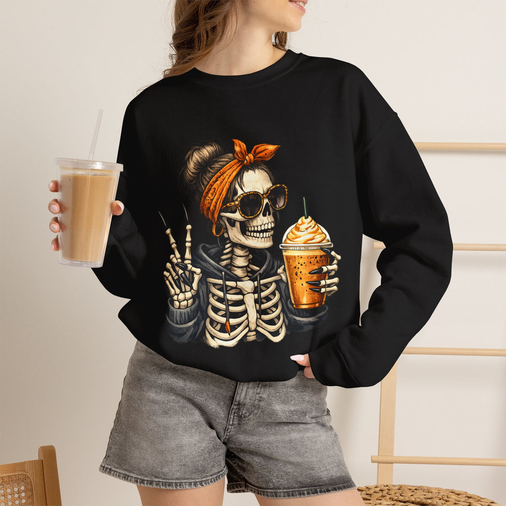 Crewneck Sweatshirt — Halloween Skeleton Girl Holding Pumpkin Spice Drink Graphic